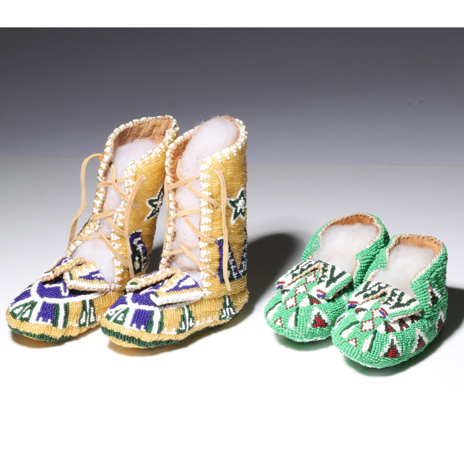 2 Pair Native American Youth Moccasins-fully beaded, ca. late 1900s Pair 1: 5" long x 2" wide x 5 (1 of 11)
