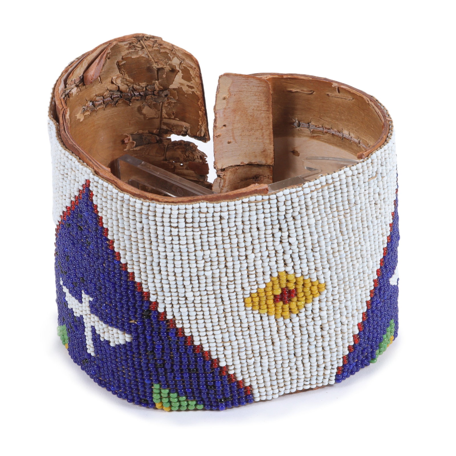 Native American Indian birch bark and glass bead crossover cuff bracelet armband 12"L x 3 1/4"W: Native American Indian birch bark and glass bead crossover cuff bracelet armband with rows of beads in geometric designs with a white thunderbird emblem. 12"L x 3 1/4"W