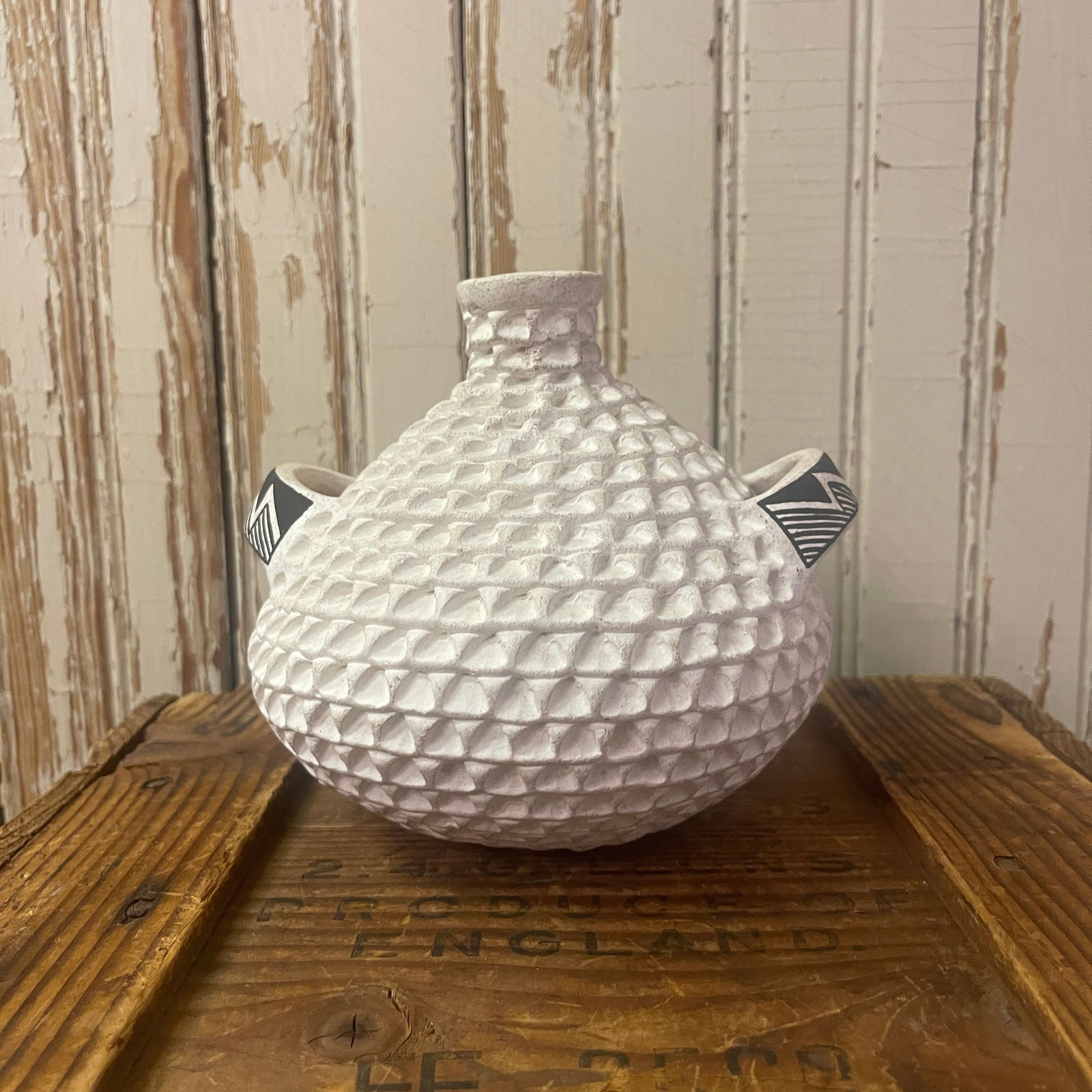 Stella Shutiva, Acoma Pueblo Corrugated Vase with painted handles 5 1/2" high, 6 1/2" diameter (1 of 7)