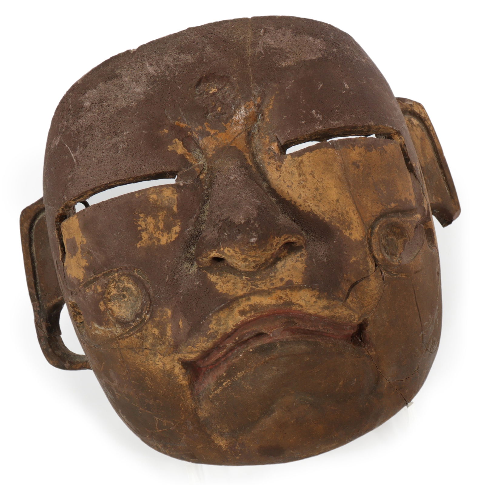 Antique Mesoamerican Olmec gilt carved wooden mask, Jaguar? deity with traces of paint. 7 1/4"H x 7 (1 of 7)