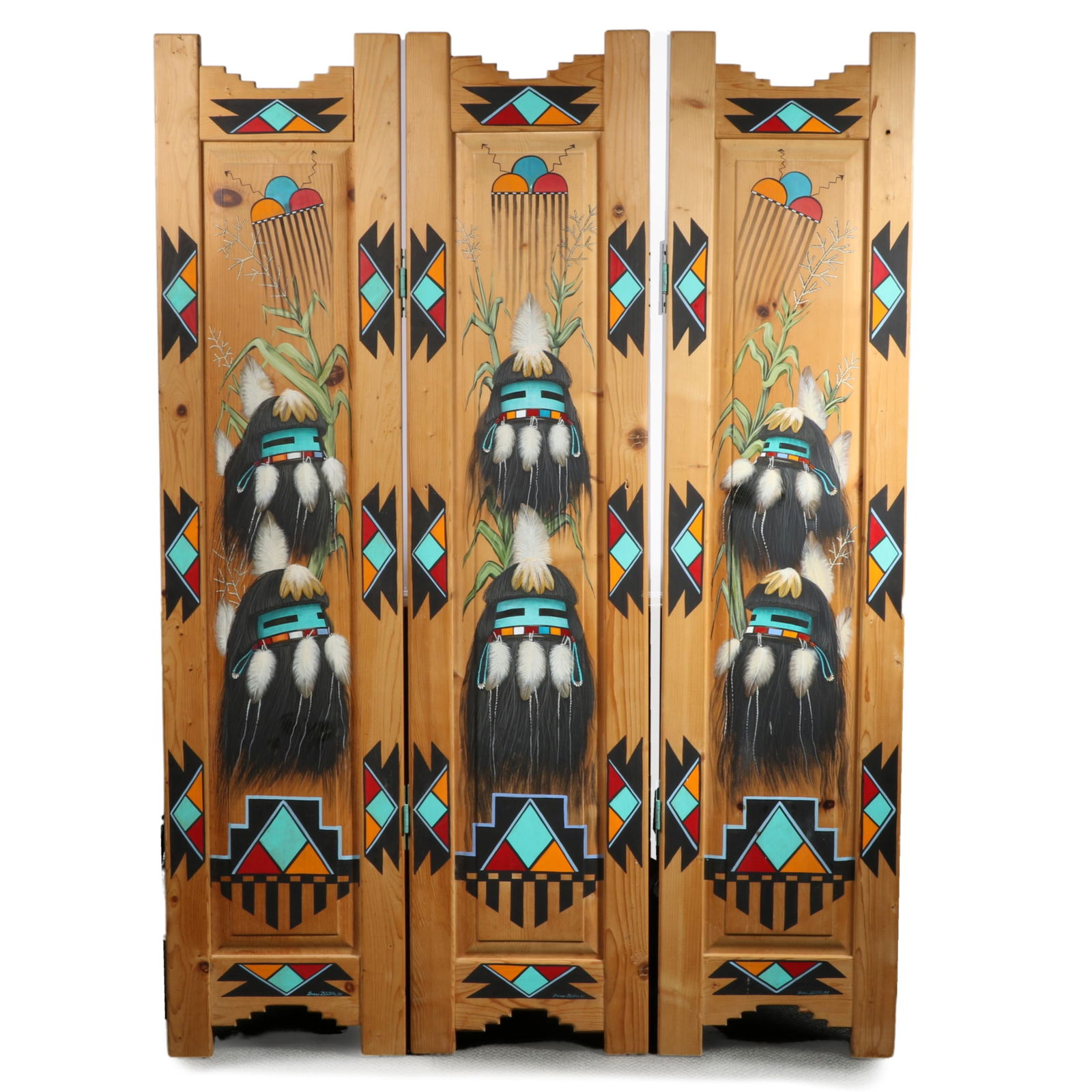 3-panel Handmade and Hand Painted Wood Screen by Duane Dishta, Zuni 68? tall x 16? wide each panel (1 of 13)