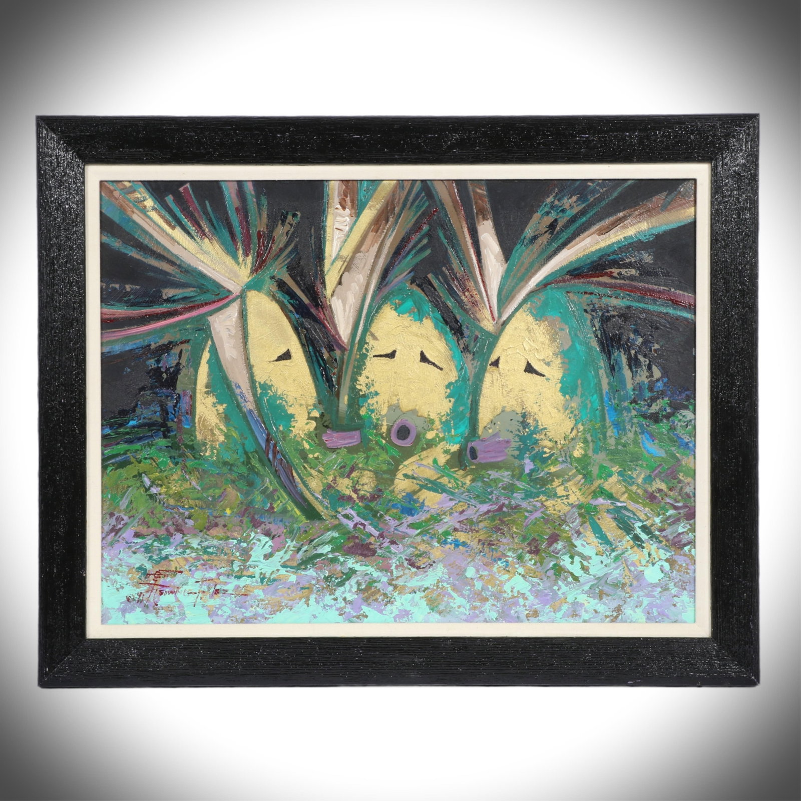 Redwing "Ted" Nez, Navajo , Yeii Songs, Gold Leaf, 22"H x 29"W: Redwing "Ted" Nez Navajo Yeii Songs Gold Leaf Signed lower right. Beautiful original one-of-a-kind painting by noted and award-winning Navajo artist Ted Redwing Nez. The painting includes gold leaf pa