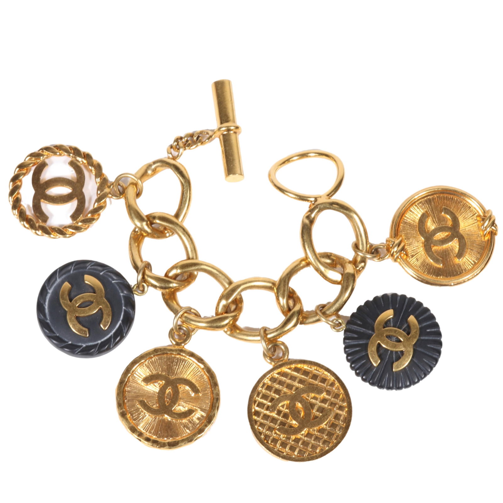 Coco Chanel HUGE designer couture chain link monogram charm bracelet. 7 3/8"L x 3"Drop: Coco Chanel HUGE designer couture chain link monogram charm bracelet. From the Carole Tanenbaum Collection 7 3/8"L x 3"Drop