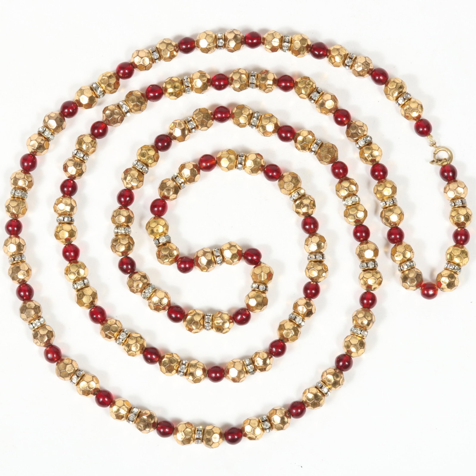 Long Designer beaded necklace with cherry red glass beads, rhinestone crystal rondelle beads, and: Long Designer beaded necklace with cherry red glass beads, rhinestone crystal rondelle beads, and faceted gold tone metal beads. Minimal wear to metal beads. 54"L x 3/8"W