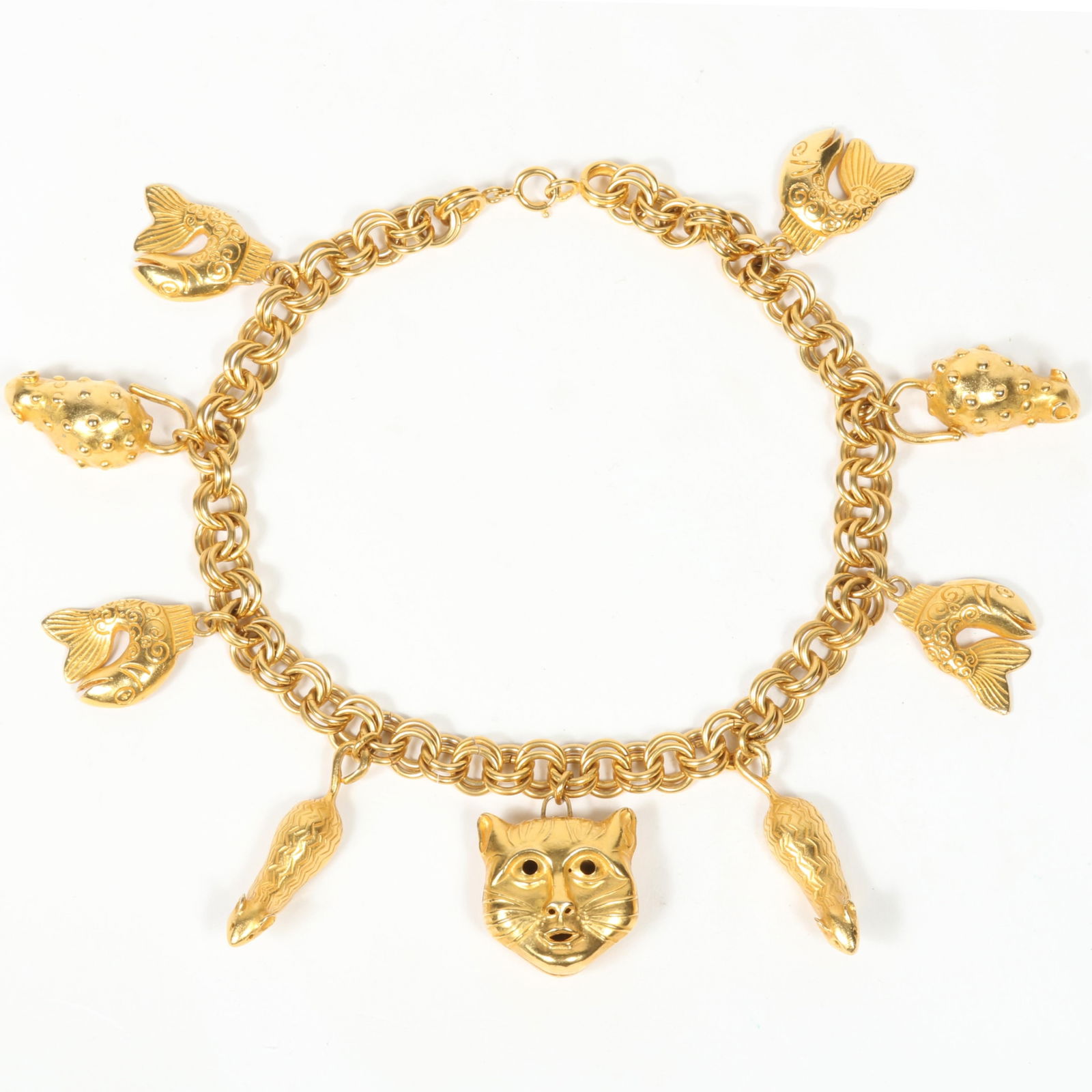 Isabel Canovas unsigned designer couture heavy figural animal charm necklace with cat bell center: Isabel Canovas unsigned designer couture heavy figural animal charm necklace with cat bell center pendant, and fish and mice charms all around. 16 1/2"L x 2"Drop