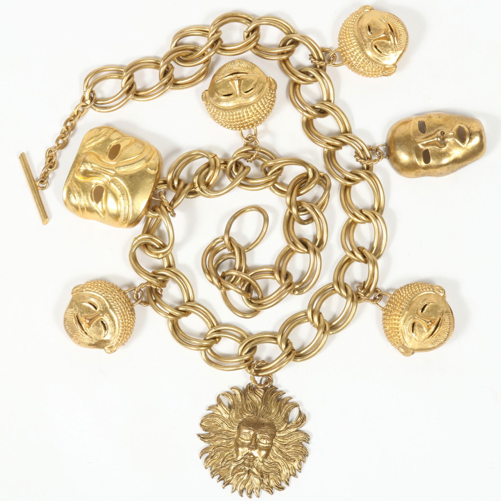 Isabel Canovas unsigned heavy designer couture dimensional masks chain charm necklace with large: Isabel Canovas unsigned heavy designer couture dimensional masks chain charm necklace with large mask bell charms. 25 1/4"L x 3"Drop