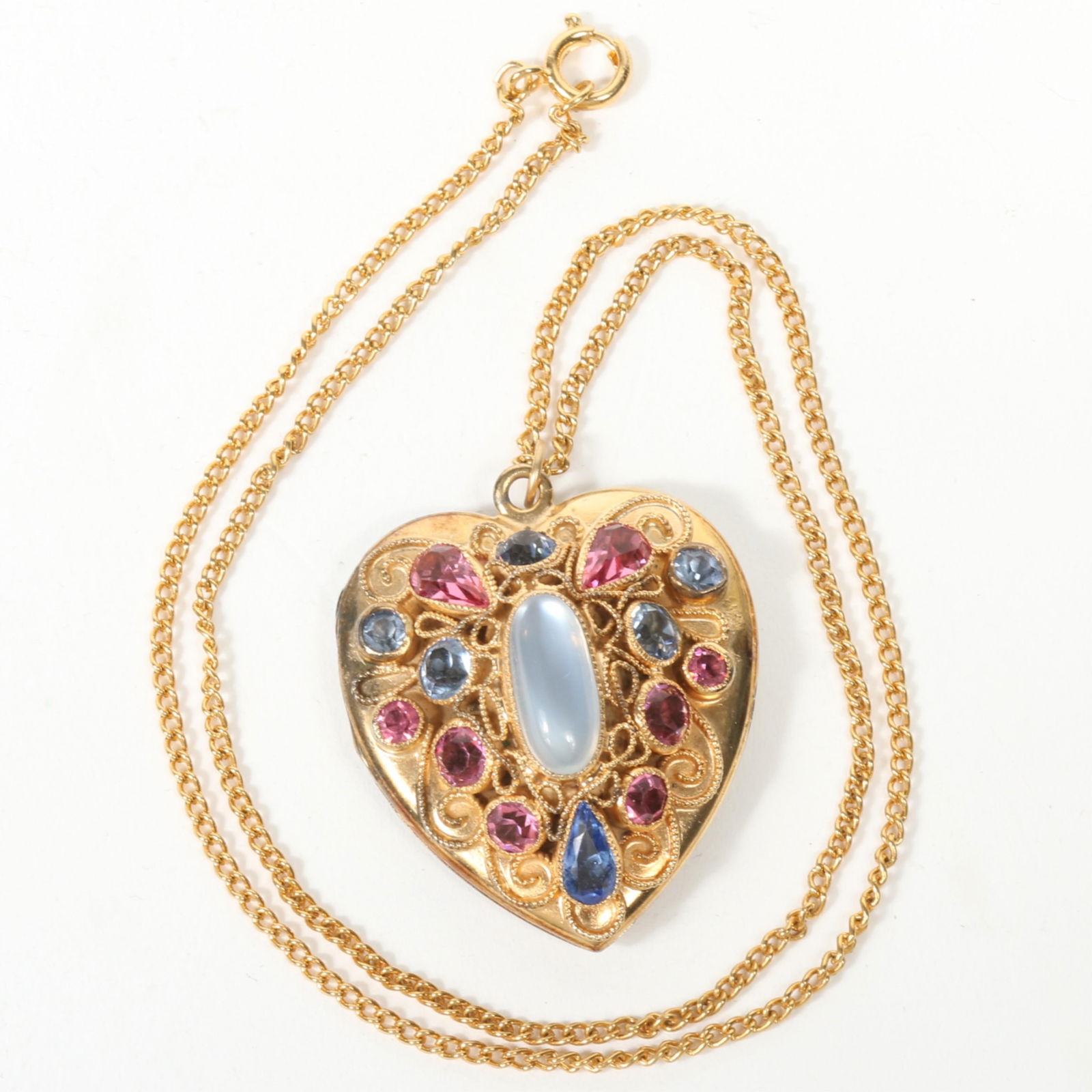 Hobe sterling vermeil heart locket pendant with moonstone cabochon center and pink and blue (1 of 6)