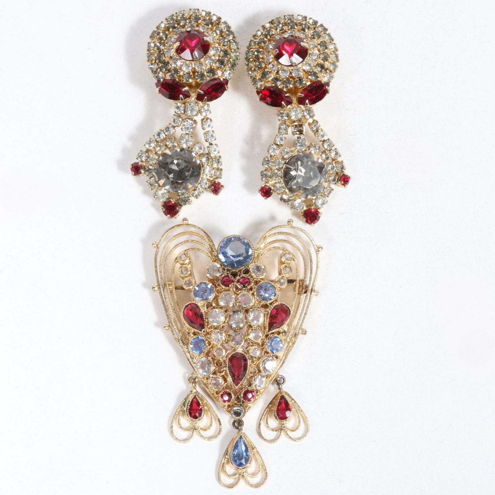 Hobe gilt filigree sapphire blue and ruby red faceted glass jeweled heart brooch with heart charms (1 of 7)