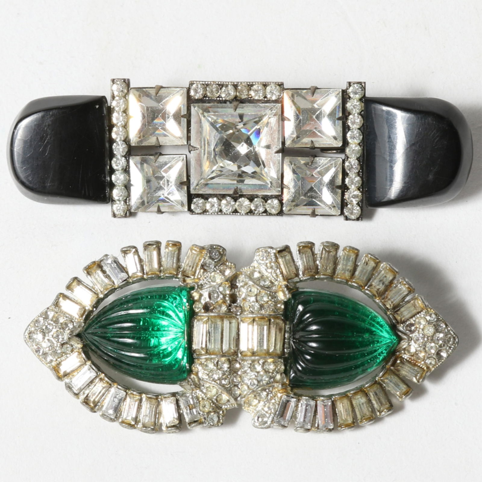 French Art Deco black galalith Bakelite rhinestone diamante crystal brooch with Art Deco molded (1 of 7)