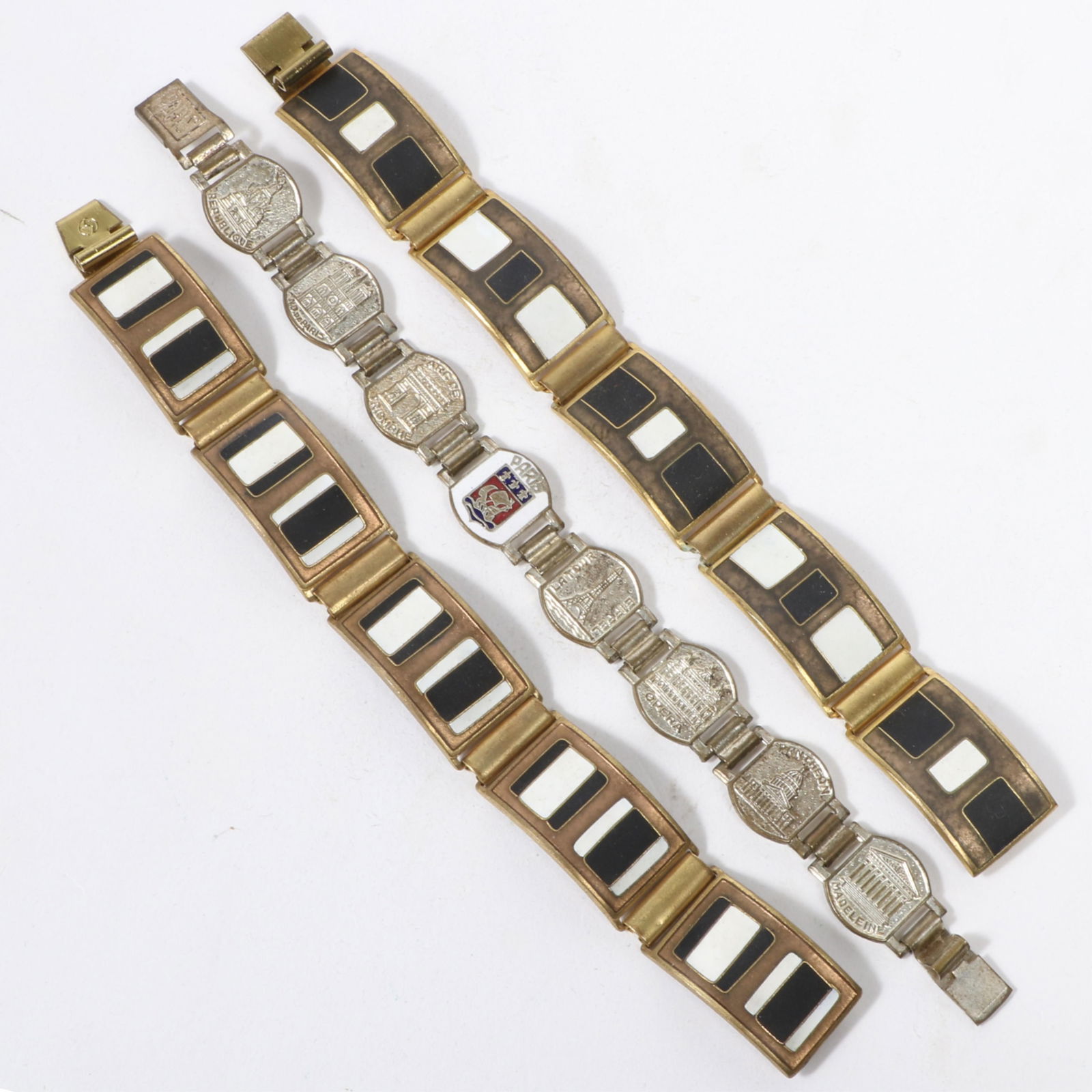 Vintage panel bracelet 3pc group: Pair German modernist Scholz & Lammel brass and Cloisonn? enamel (1 of 6)