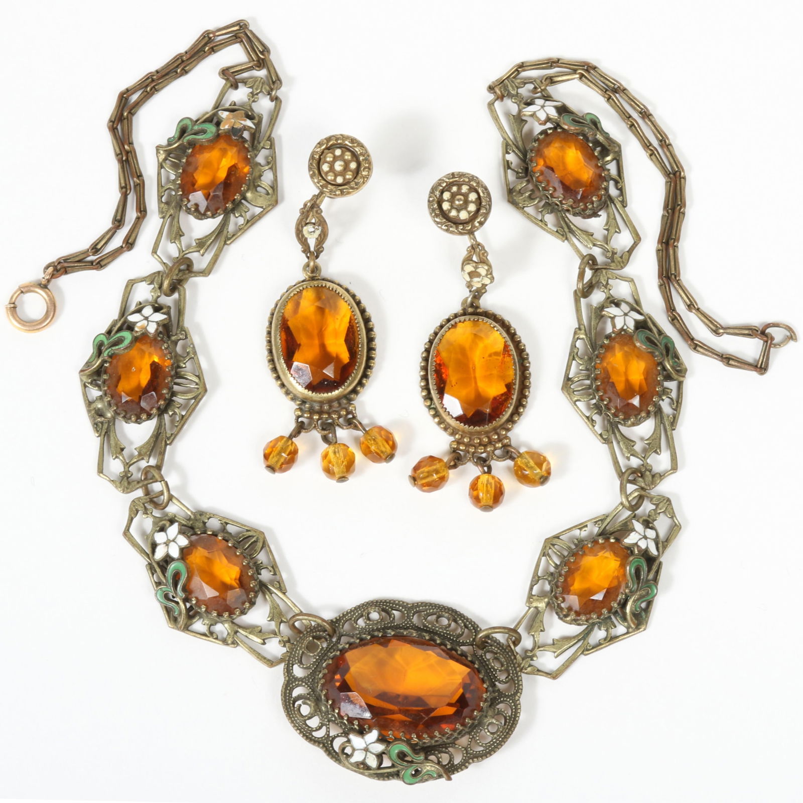 Vintage Art Deco Amber Czech Glass Necklace with enamel flowers and Filigree Detail with (1 of 8)