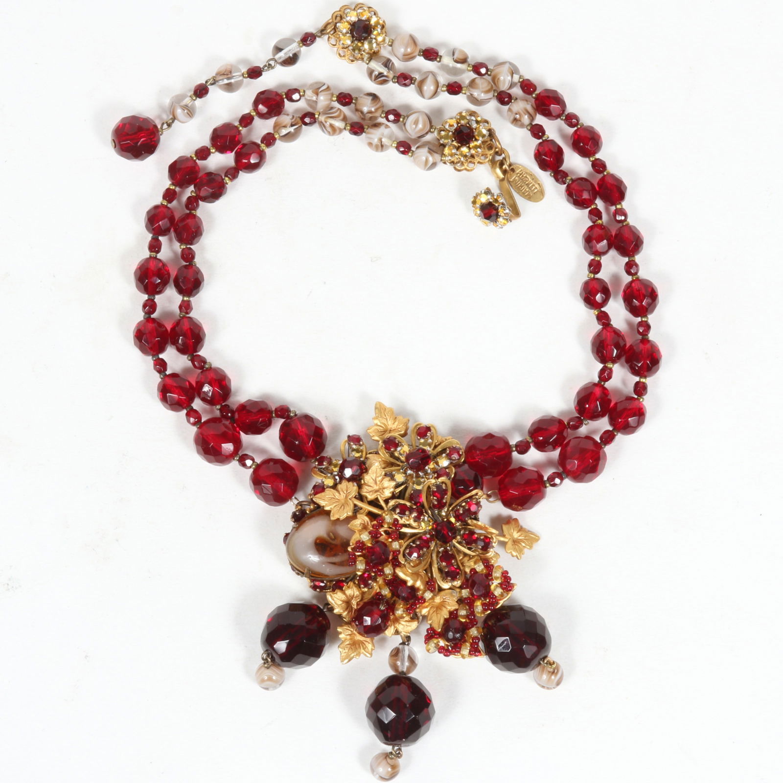 Miriam Haskell ruby red faceted glass double strand necklace with large floral pendant and art glass (1 of 10)