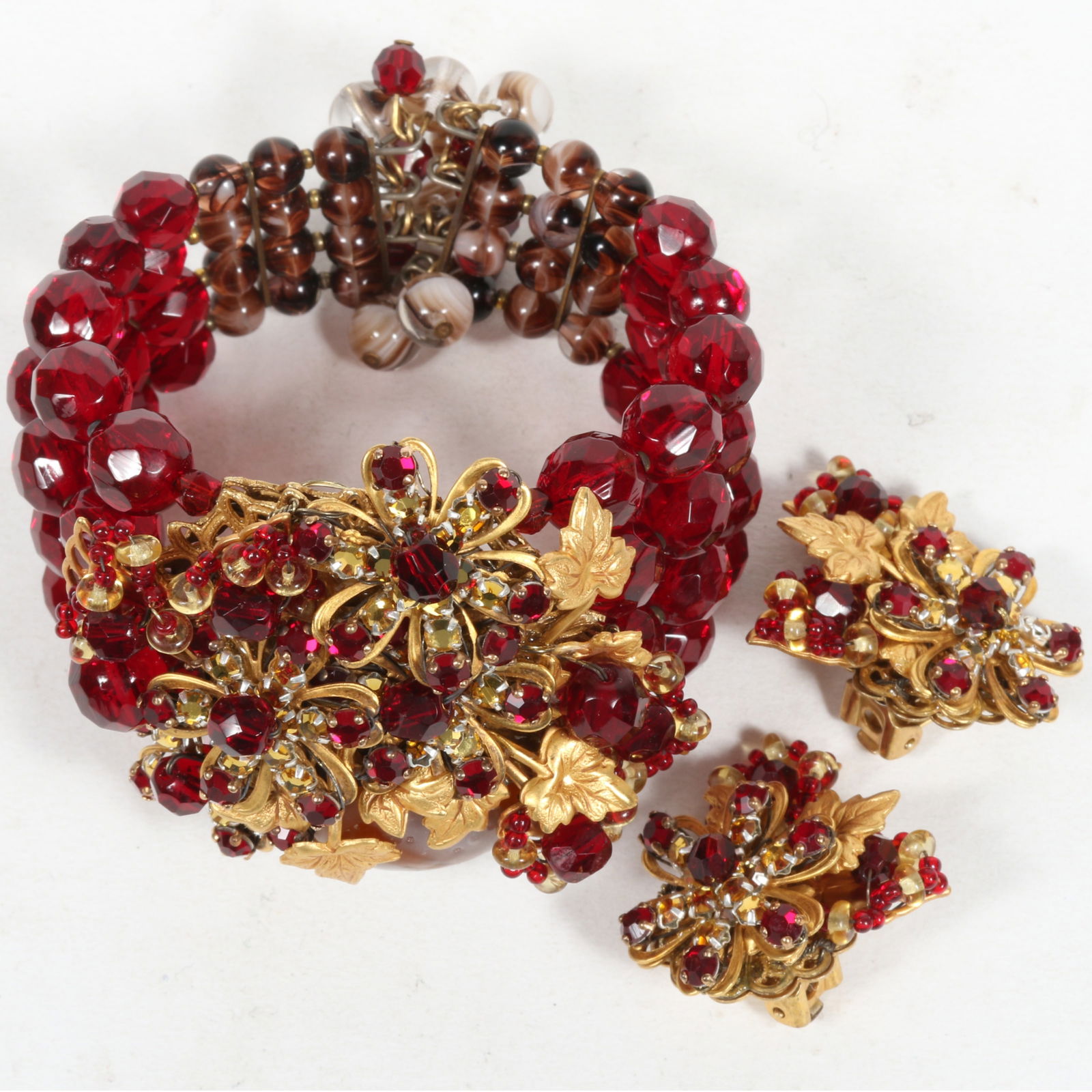 Miriam Haskell ruby red faceted glass bead floral bracelet with gilt and art glass accents and (1 of 12)