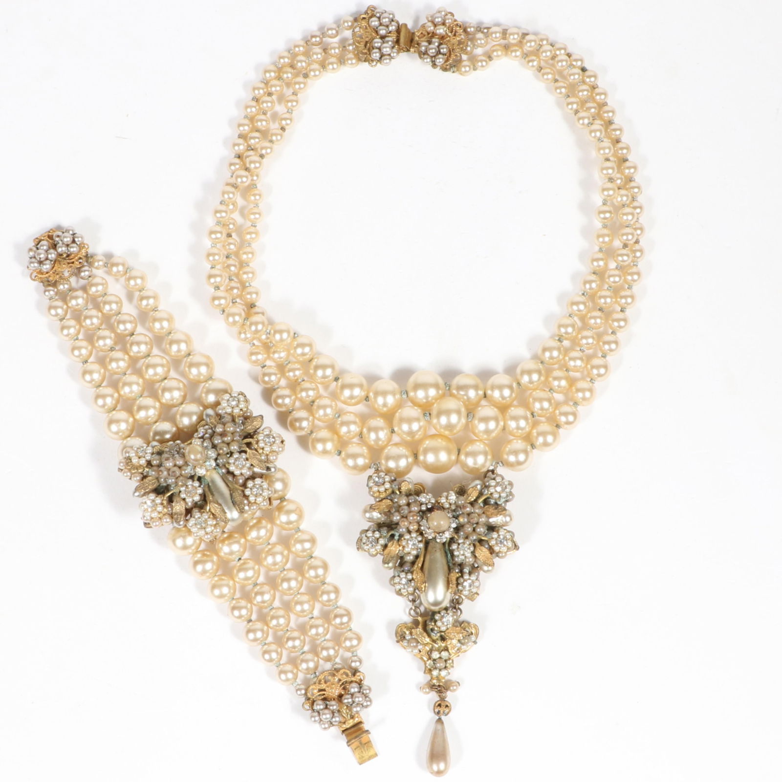 Eugene graduated pearl triple strand necklace with seed bead floral butterfly insect pendant and (1 of 9)