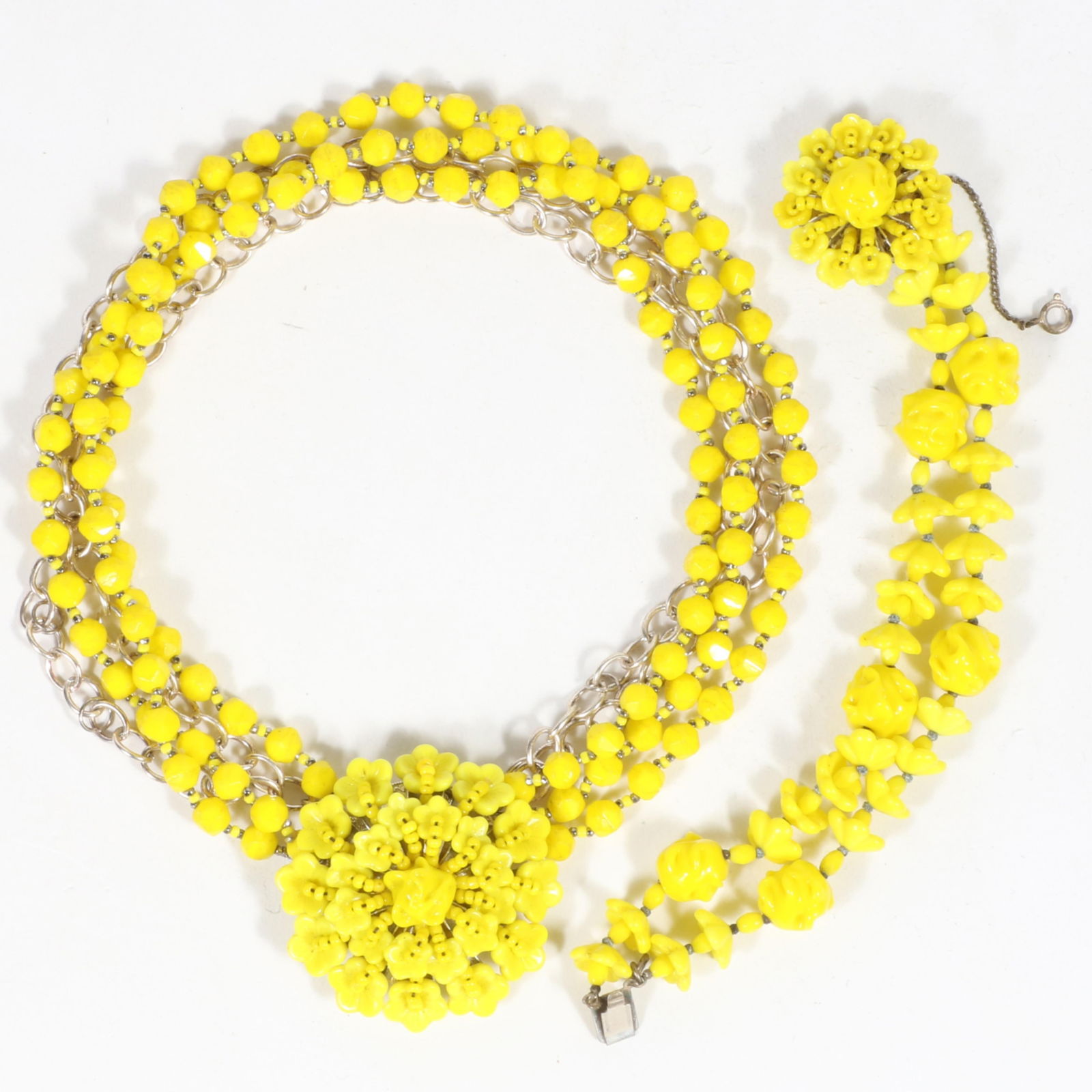 Miriam Haskell multistrand fluorescent yellow faceted glass necklace with floral seed bead pendant (1 of 7)