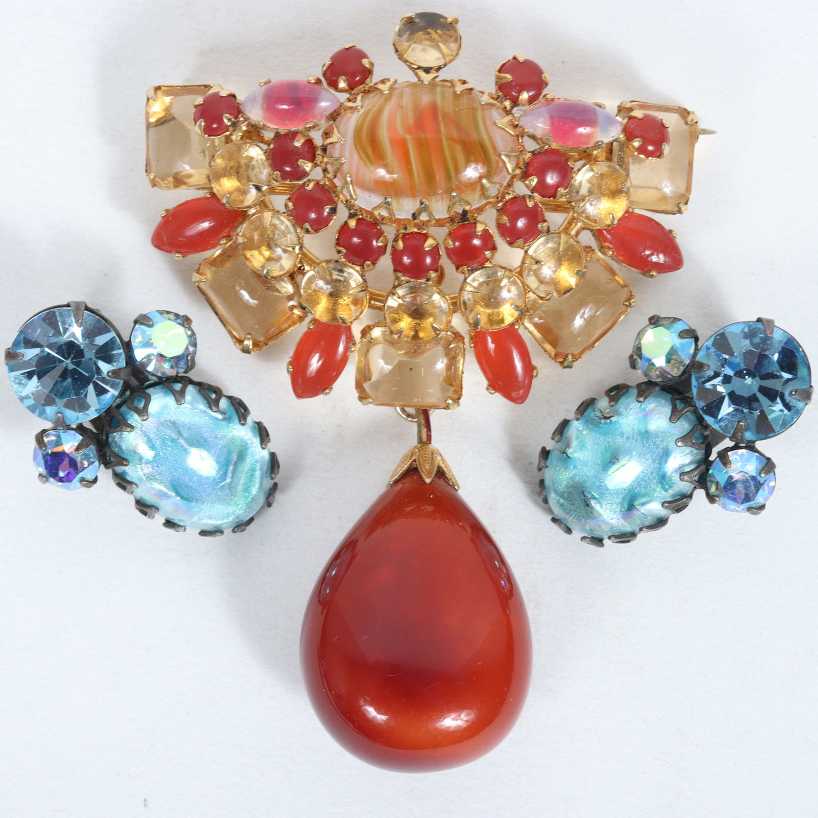 Schreiner of New York book piece art glass brooch with large burnt orange glass drop and Schreiner (1 of 8)
