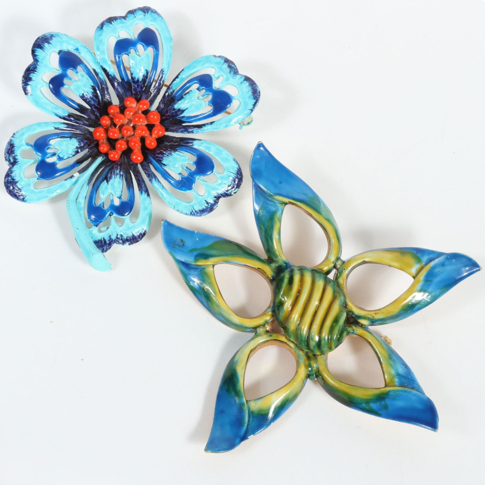 Original by Robert blue and yellow flower enamel brooch with Hedy painted enamel flower brooch. 2: Original by Robert blue and yellow flower enamel brooch with Hedy painted enamel flower brooch. From the private collection of Leigh Leshner, author of 9 Costume Jewelry research books from 2002-2012
