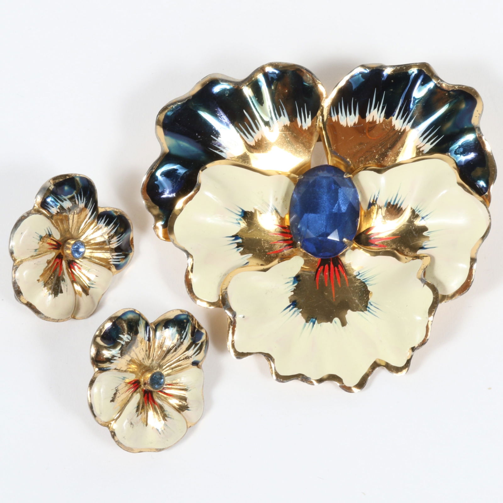 Coro Sterling vermeil and enamel pansy flower jewelry set with brooch and matching earrings and blue (1 of 7)