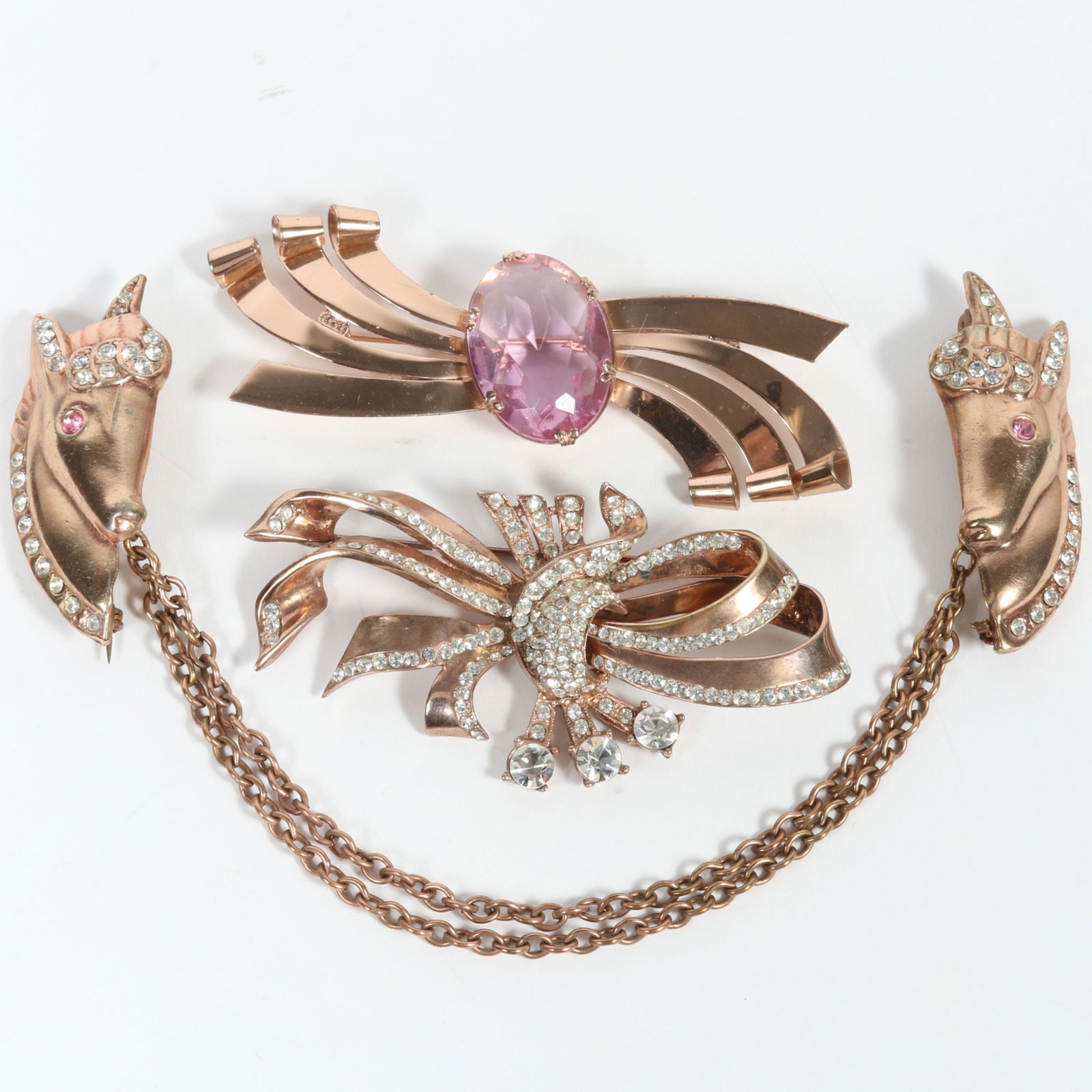 Coro Craft / Corocraft sterling vermeil diamante rhinestone brooch, Coro sterling vermeil bow pin: Coro Craft / Corocraft sterling vermeil diamante rhinestone brooch, Coro sterling vermeil bow pin brooch with large pink center jewel, and unsigned Coro Craft? double horse head chatelaine. From the p