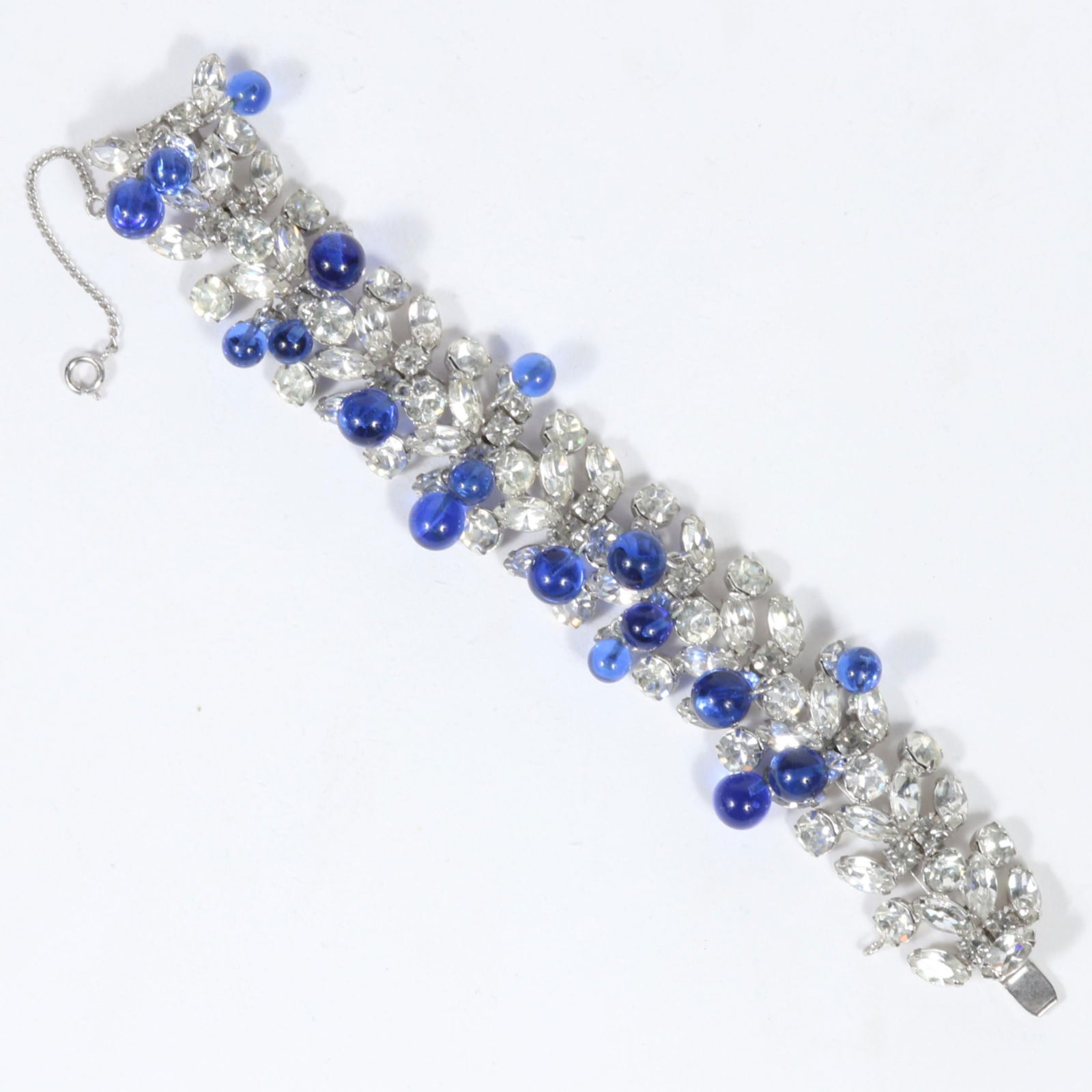 Kramer of New York blue glass bauble bracelet with diamante crystal rhinestones. 7 1/8"L x 1"W (1 of 6)