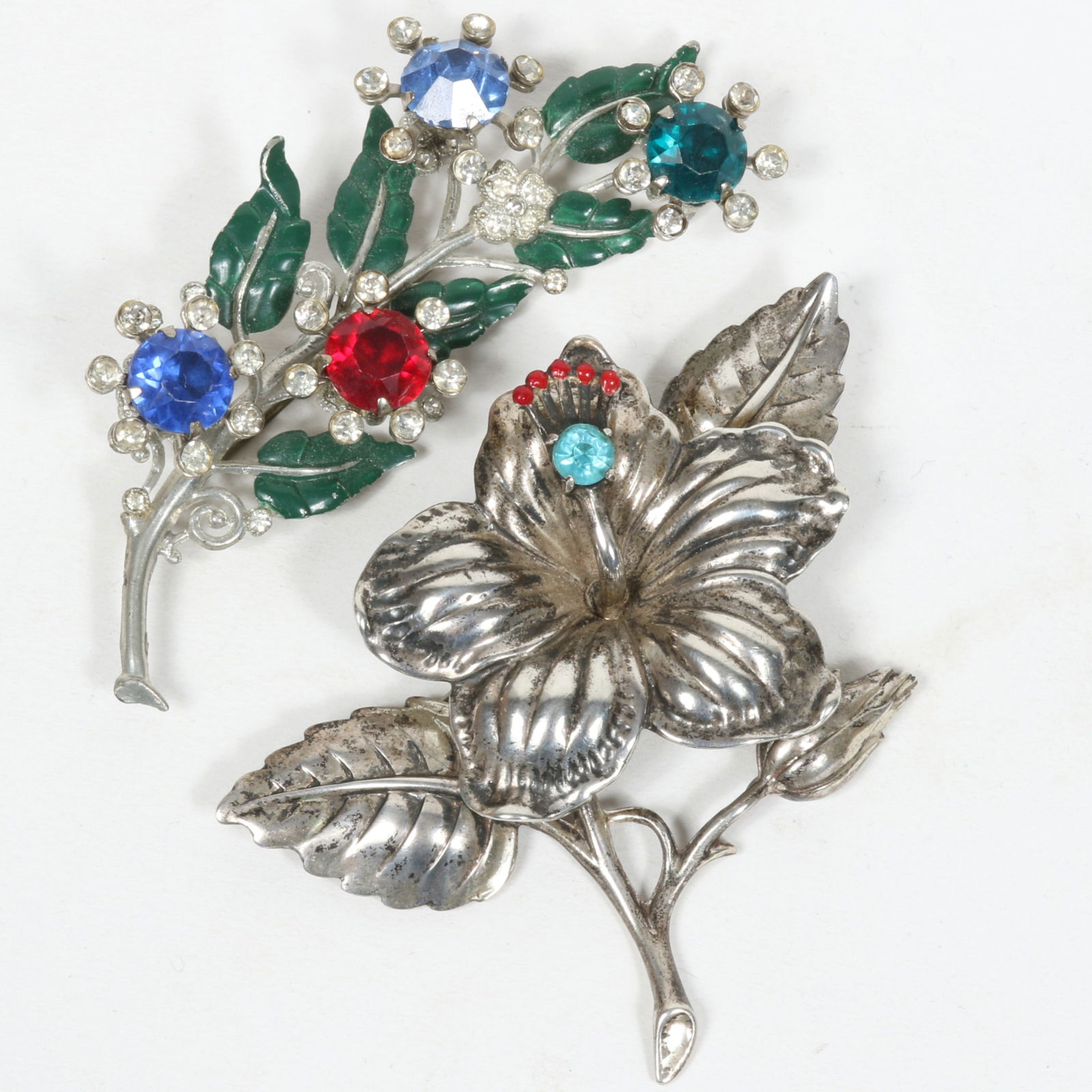 Pair of large vintage flower pin brooches with enamel and multi colored glass crystals. 2"H x 3 (1 of 7)