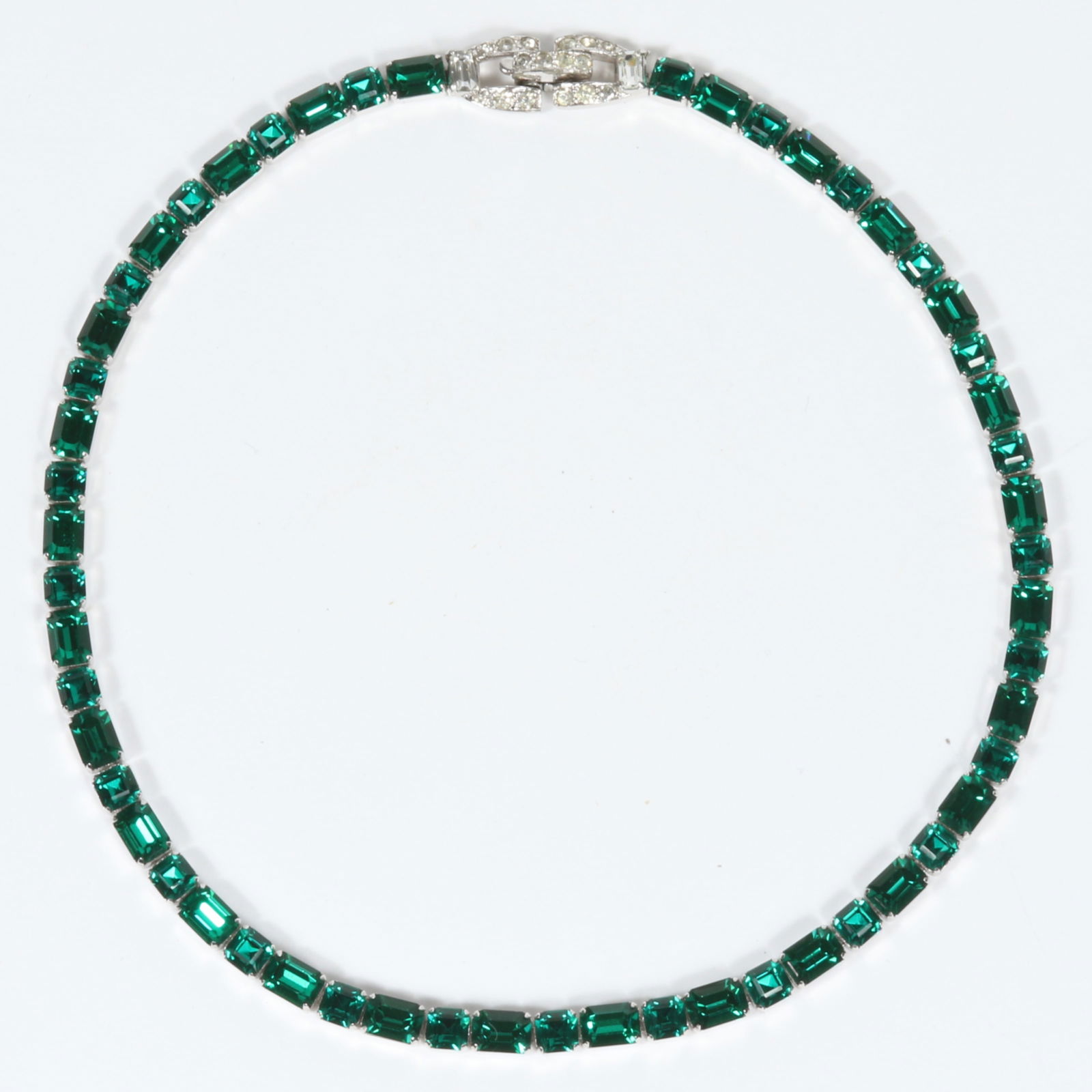 Vintage Mazer Bros rhodium plated green faceted glass rhinestone necklace with diamante rhinestone (1 of 6)