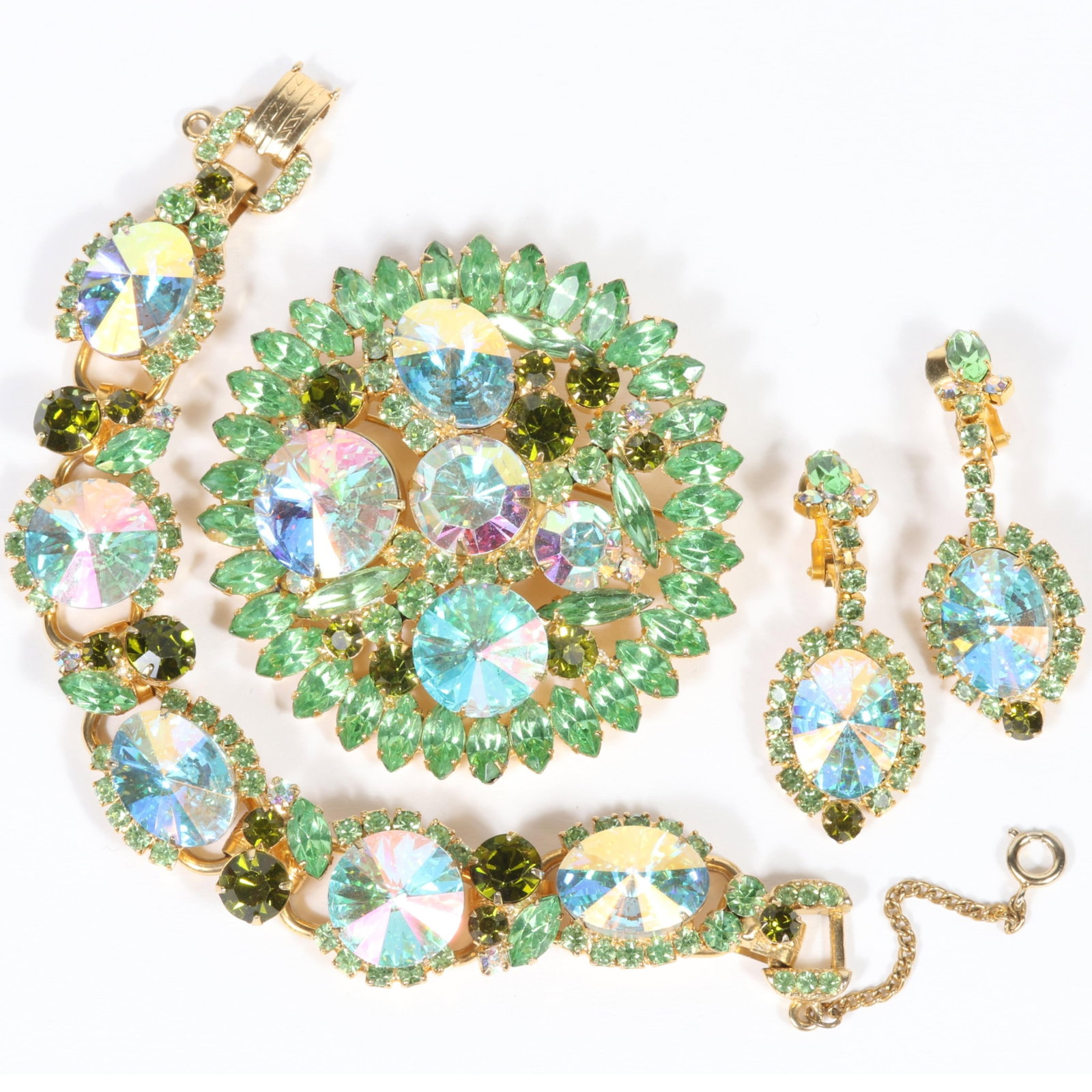 DeLizza & Elster Juliana demi parure including five-link aruora borealis rivoli bracelet laced with: DeLizza & Elster Juliana demi parure including five-link aruora borealis rivoli bracelet laced with olive, mint, and aurora borealis rhinestone crystals, detailed aurora borealis rivoli and cabochon b