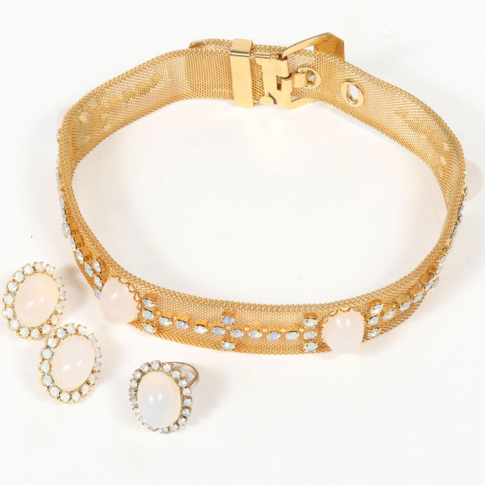 Vintage 3pc parure: Juliana? mesh collar necklace, adjustable ring, and earrings with faux moonstone (1 of 5)