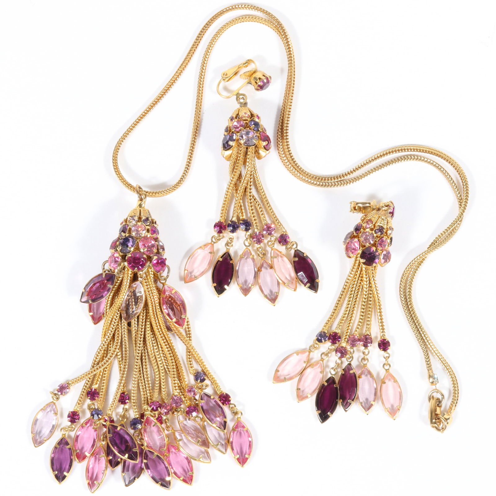 Vintage necklace and complementary chandelier earrings with marquise dangles in fuchsia, amethyst, (1 of 8)