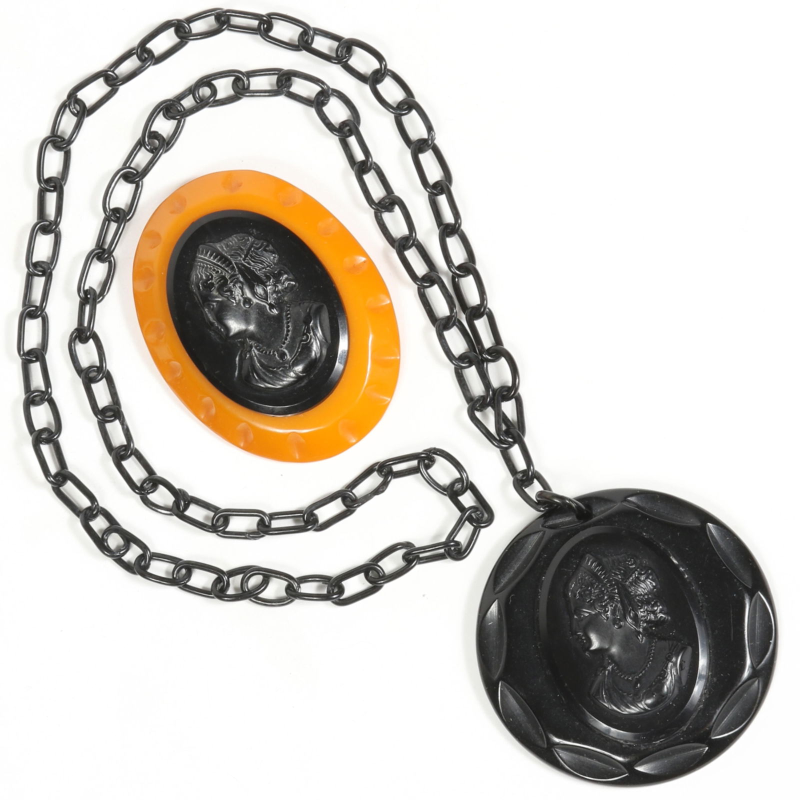 Vintage carved black Bakelite cameo necklace with celluloid chain and Bakelite dress clip with black (1 of 5)