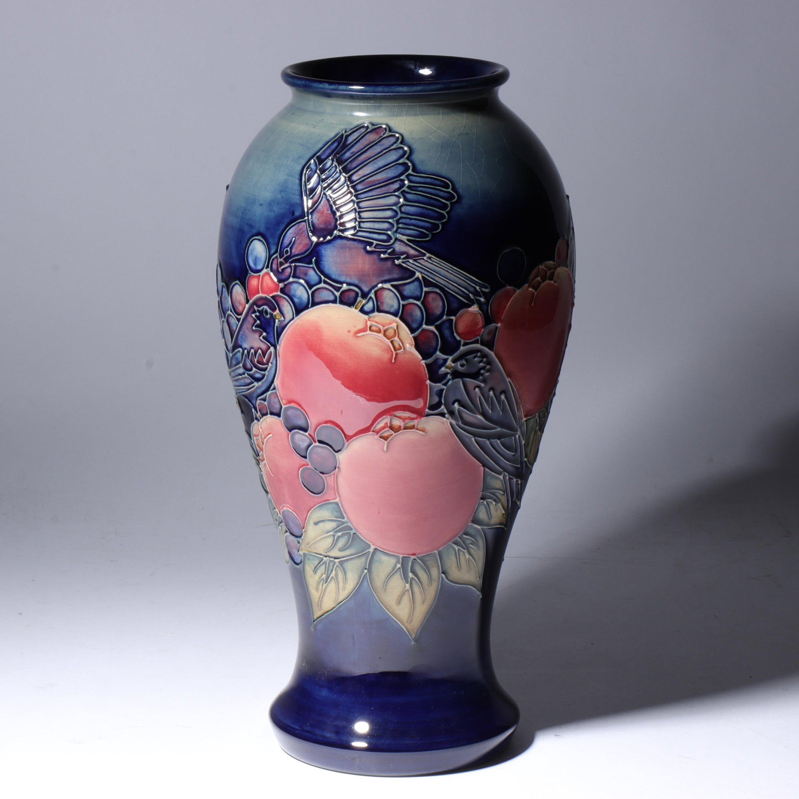 LARGE Walter Moorcroft 12 inch vase featuring finches with berries and pomegranates by Sally Tuffin: LARGE Walter Moorcroft 12 inch vase featuring finches with berries and pomegranates by Sally Tuffin 12 1/4"H x 6"Diam.