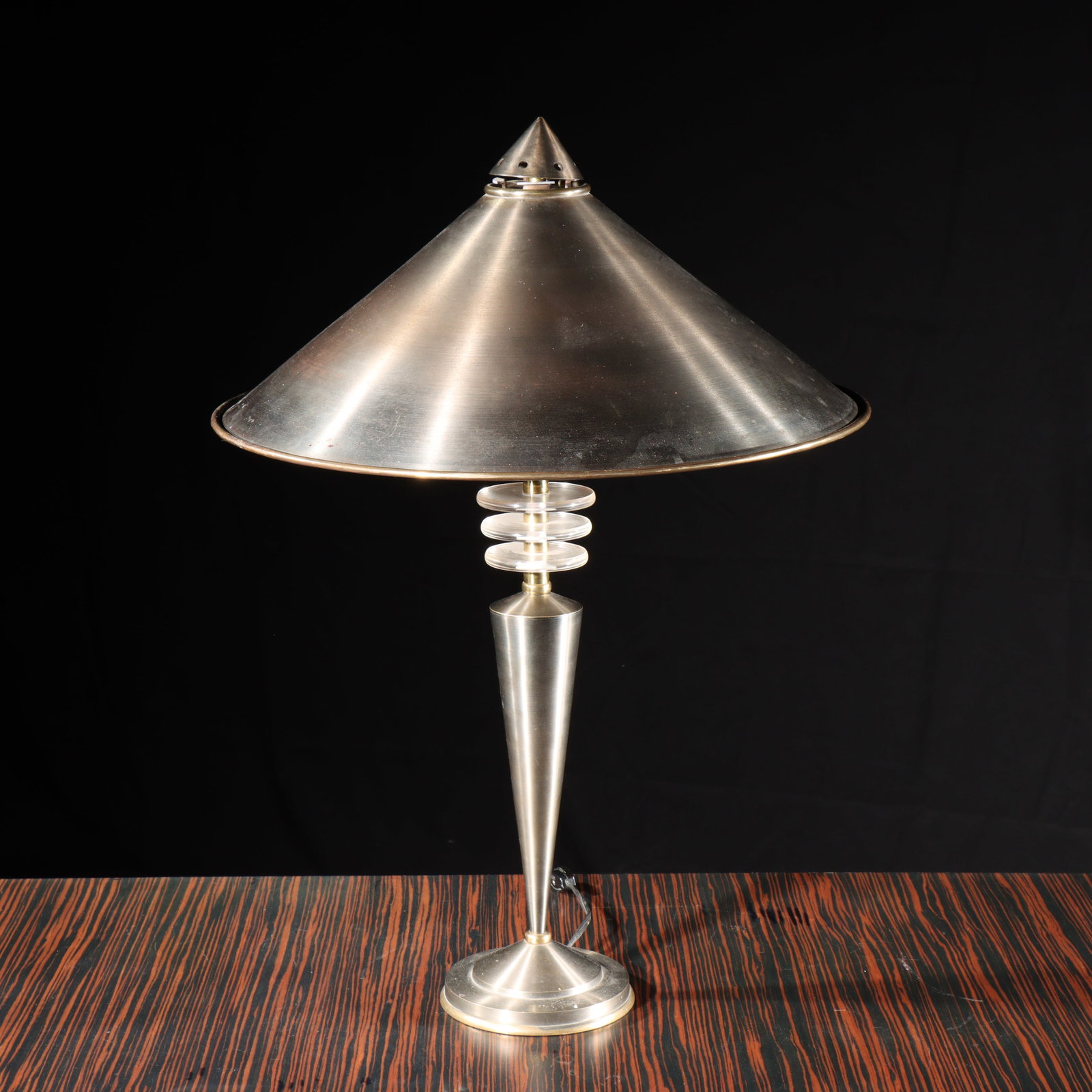 Machine age metal Art Deco 1930s American table lamp with lucite disc detail. 27"H x 19"D (1 of 14)