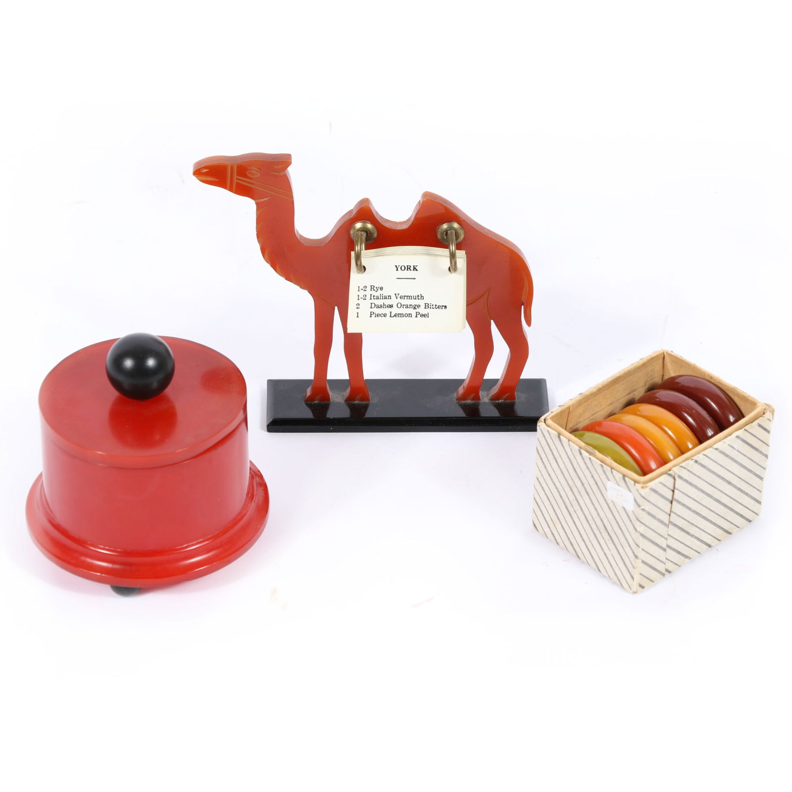 Bakelite 3pc group: Red powder box / trinket box, 6 marbled and solid color napkin holders, and a (1 of 5)