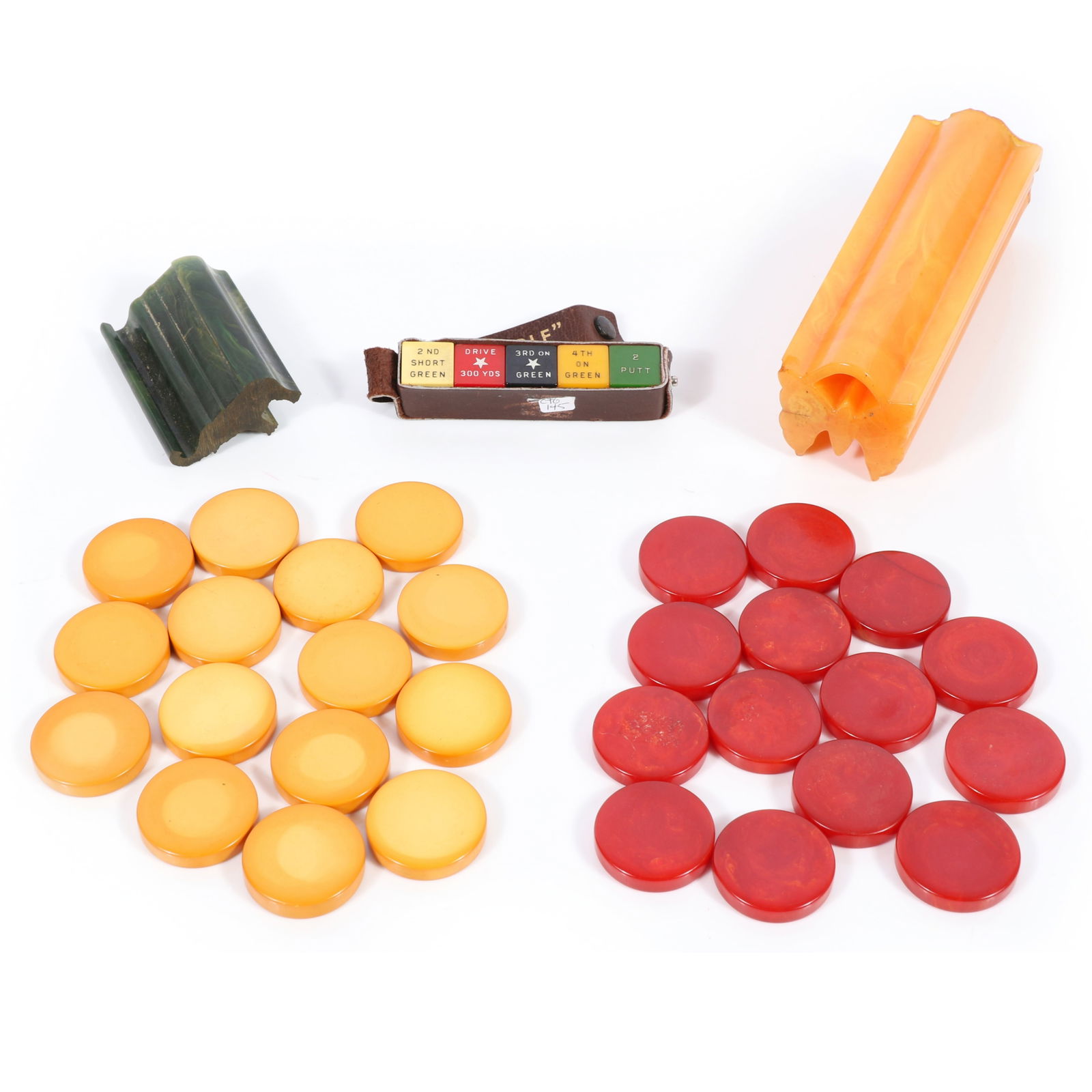Bakelite game piece group: Galloping Golf dice game, game / poker chips, elephant rod stock / game (1 of 5)