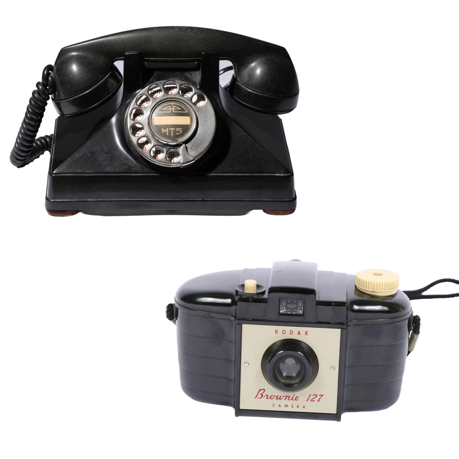 1937 Black Bakelite Northern Electric telephone by Henry Dreyfuss, 1952 Kodak Brownie 127 Bakelite: 1937 Black Bakelite Northern Electric telephone by Henry Dreyfuss, 1952 Kodak Brownie 127 Bakelite camera 6 1/2"H x 8"W