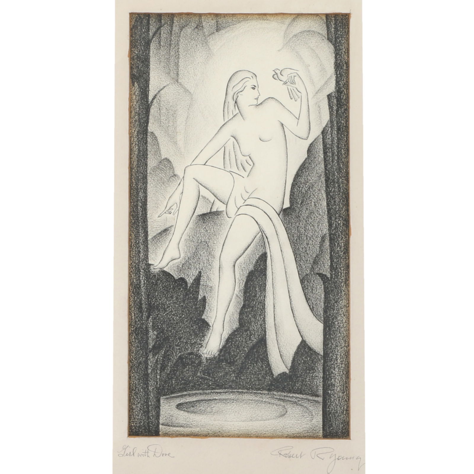Robert R. Young, American (20th century), Semi-Nude Woman With Dove, stylized art deco graphite on: Robert R. Young American (20th century) Semi-Nude Woman With Dove stylized art deco graphite on paper Signed lower right, titled lower left. 11 3/8"H x 6"W (sight), 17 3/4"H x 10 3/4"W (frame)