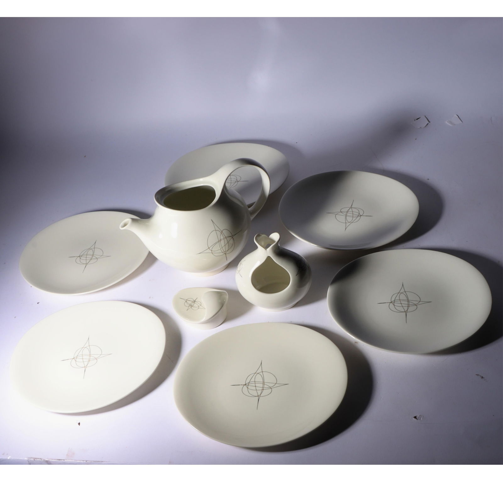 Eva Zeisel Hallcraft Fantasy MCM 8pc dish group: teapot, 6 salad plates, candlestick holder 6"H x: Eva Zeisel Hallcraft Fantasy MCM 8pc dish group: teapot, 6 salad plates, candlestick holder 6"H x 9"W x 5"D (teapot)