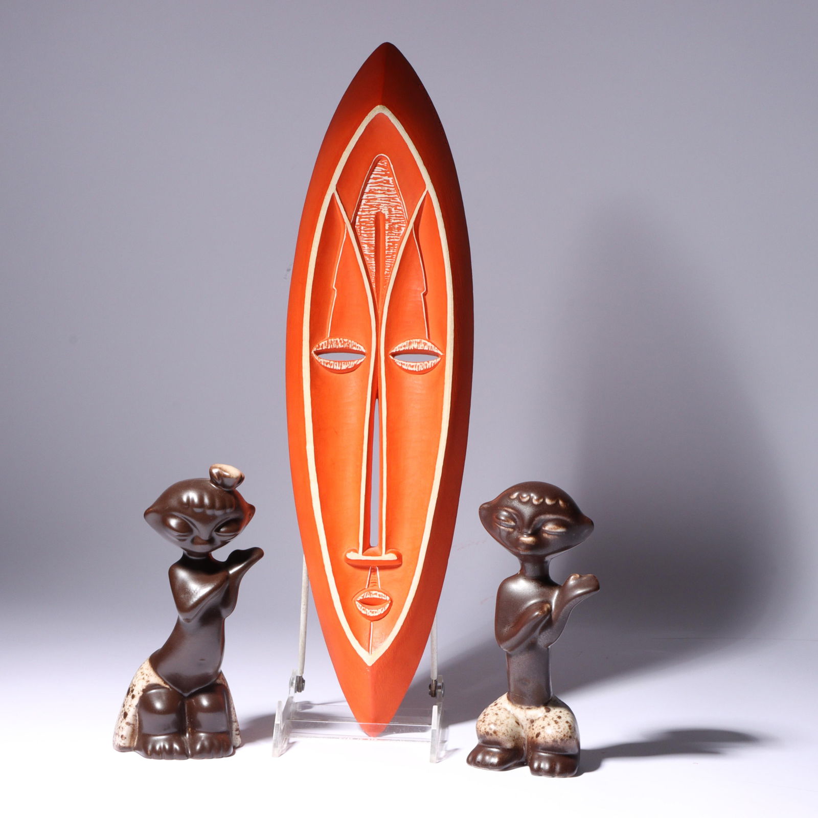 Howard Pierce mid-century male and female tiki figurines and RIMA ceramic African mask 17"H x 4"W (1 of 12)