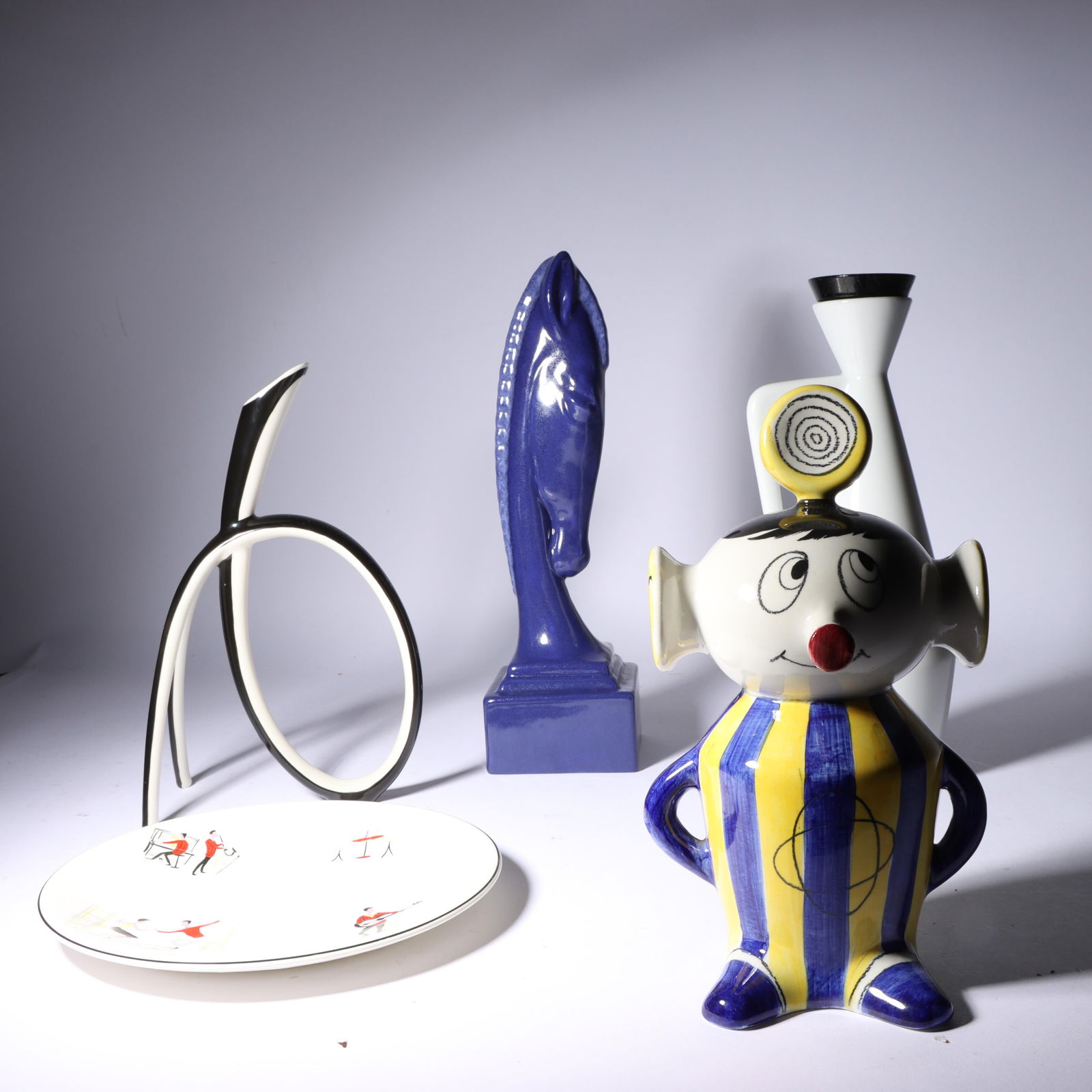 Collection of 5 ceramic decorative objects; Lindner Kueps Bavaria Mid Century Modern MCM sculptural: Collection of 5 ceramic decorative objects; Lindner Kueps Bavaria Mid Century Modern MCM sculptural bud vase, Alfred Meakins "Jivers" decorative plate, Japanese oil decanter, signed Italian figural co