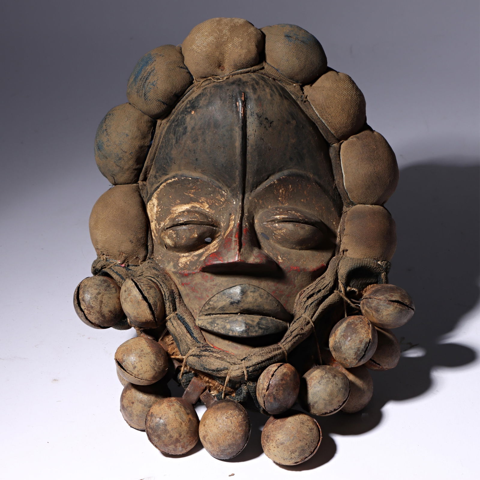 West African Dan Gunye Ge Carved Wood Racing Mask with Fabric and Iron Bells 13"x 9" x 5" (1 of 9)