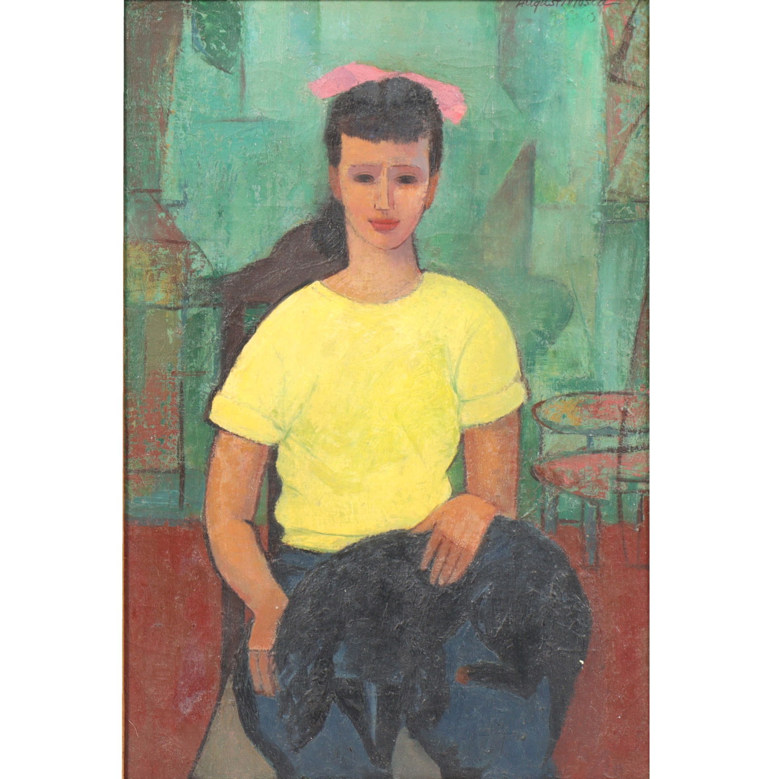 August Mosca, Italian (1907 - 2003), portrait of a girl holding a dog, oil on canvas, 18 1/4"H x 12: August Mosca Italian (1907 - 2003) portrait of a girl holding a dog oil on canvas Signed upper right. East Hampton Gallery label verso. Exhibited: Harry Salpeter Gallery, NY Biography from Shelter Isl
