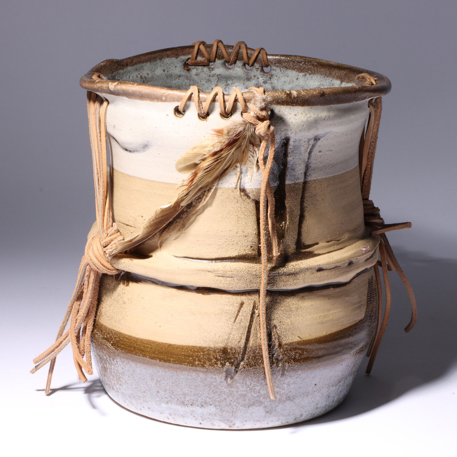 Tony Cox, American (20th/21st century), art pottery vessel, 2001, stoneware, leather, feathers, 9 (1 of 9)