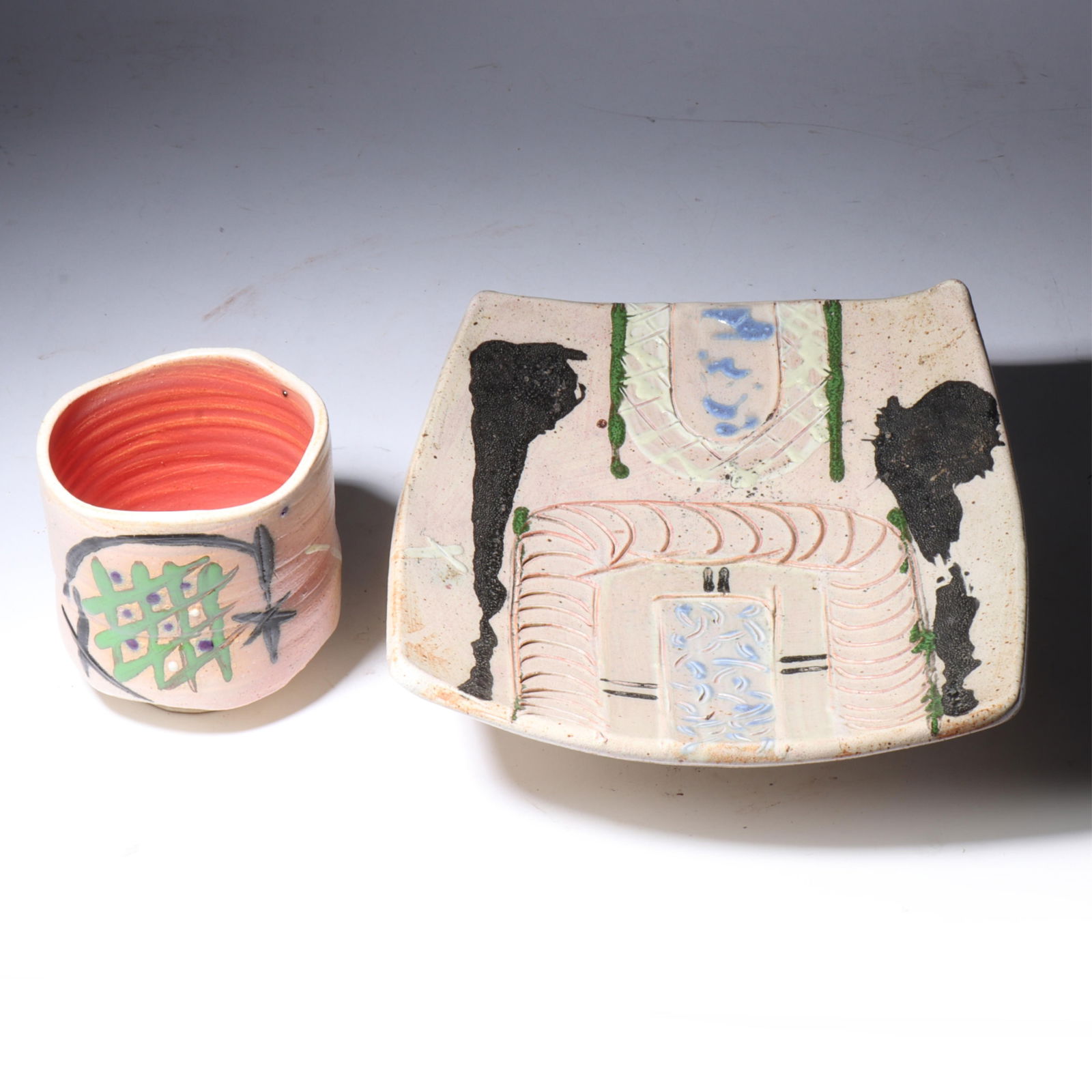 Don (Donald) Reitz, American (1929 - 2014), studio pottery tea bowl vessel and footed tray, glazed: Don (Donald) Reitz American (1929 - 2014) studio pottery tea bowl vessel and footed tray glazed stoneware Incised signature under base. Biography from the Archives of askART: "Don Reitz: Clay, Fire, S