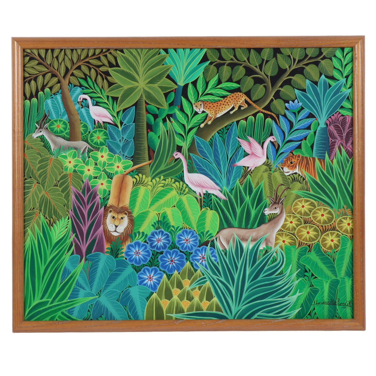Lovius Marcelin, Haiti , jungle scene with animals, oil on canvas, 19" x 23" (sight), 21" x 25": Lovius Marcelin Haiti jungle scene with animals oil on canvas Signed lower right. Receipt of purchase from Le Centre d'Art verso. 19" x 23" (sight), 21" x 25" (frame)