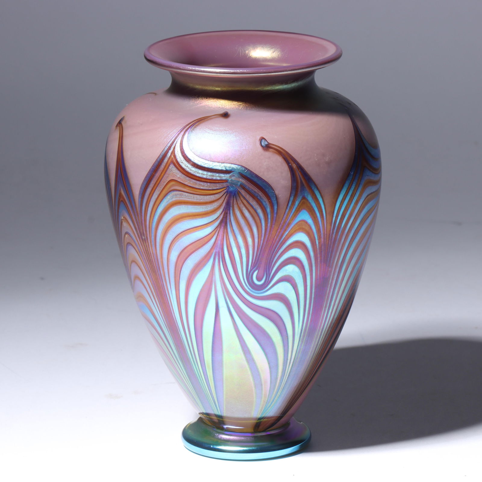 Richard Satava, California (b. 1950), medium plum pulled feather vase, 1982, art glass, 7"H x 4 (1 of 7)
