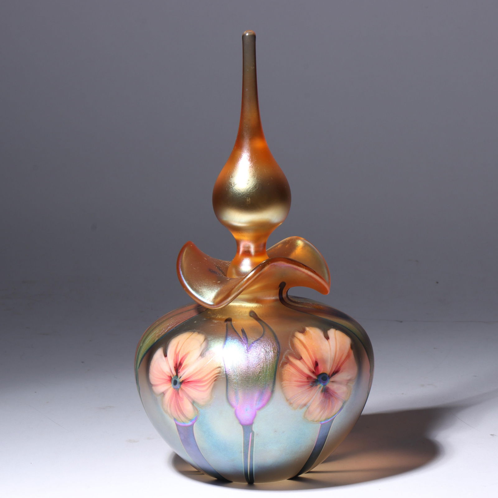 Charles Lotton, Illinois (1935-2021), Multi Flora iridescent perfume bottle, 1998, art glass, 10 (1 of 8)