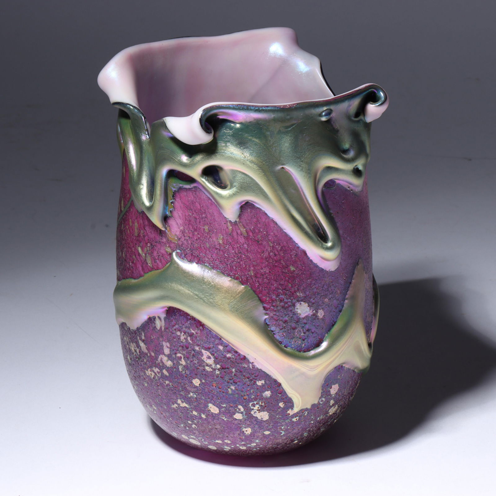 Charles Lotton, Illinois (1935-2021), Iridescent Purple and Green Lava Vase, 1987, art glass, 7"H x (1 of 5)