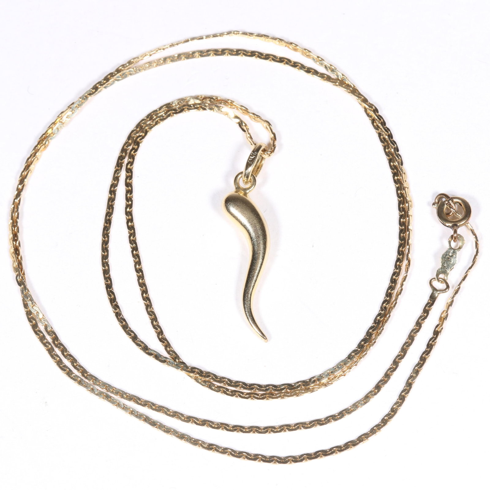 14K yellow gold necklace with 14K gold pendant. 24 1/2"L x1 3/8"W: 14K yellow gold necklace with 14K gold pendant. 2.55 DWT Replaced clasp is gold filled. 24 1/2"L x1 3/8"W. The purchase of gold requires confirmed funds.