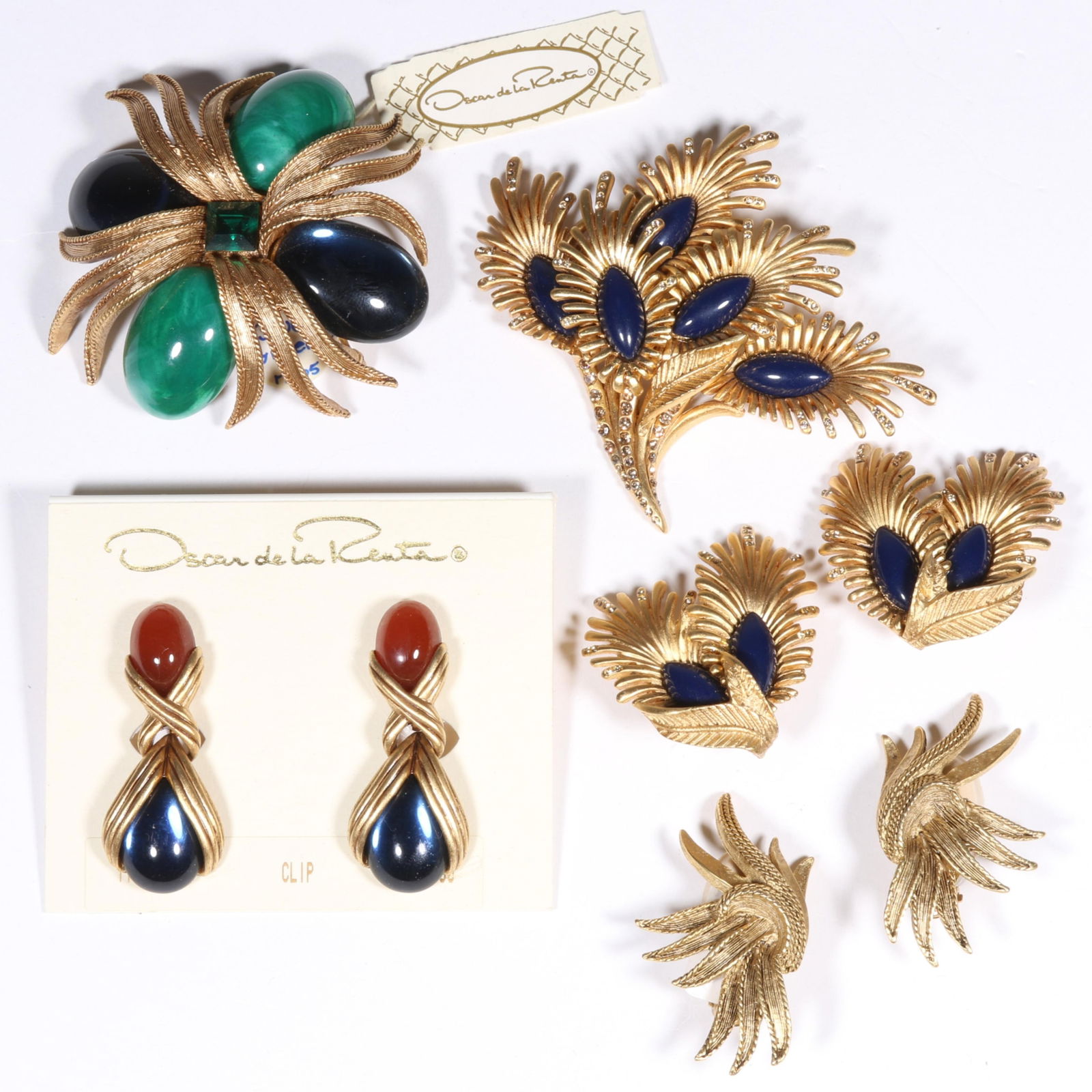 Oscar de la Renta designer couture 5pc. jewelry group including art glass cabochon brooch, feather (1 of 10)