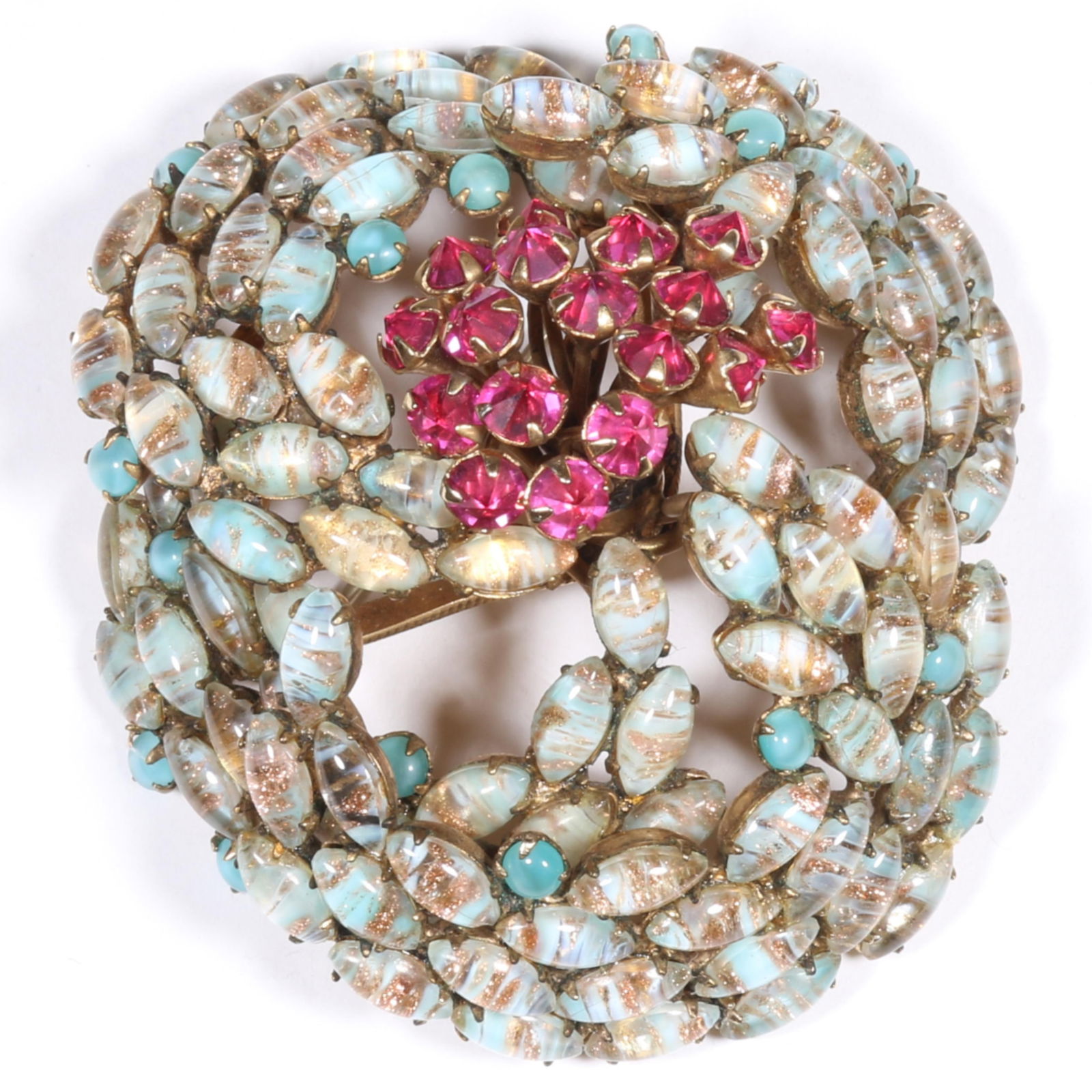 Schreiner New York dimensional turquoise and gold art glass domed brooch with reverse set pink (1 of 6)